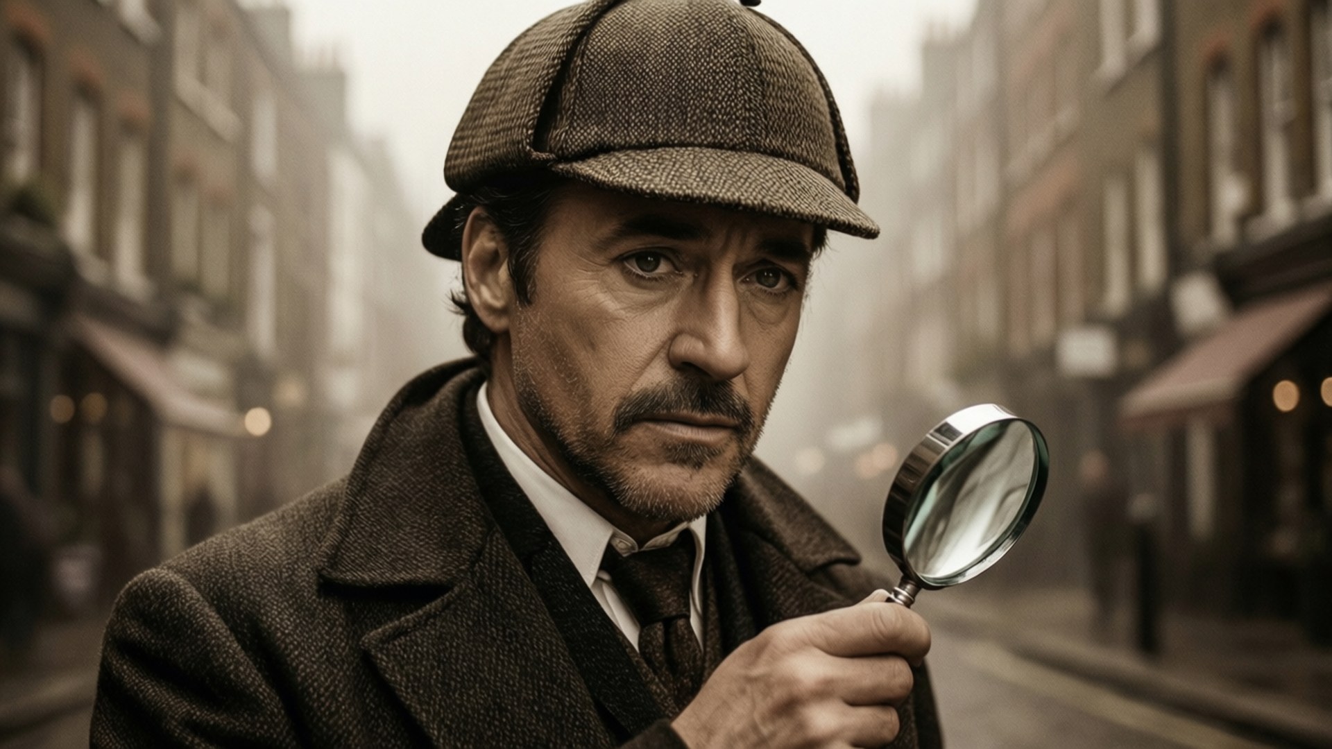 Robert Downey Jr 桌布 壁紙 — 一位身穿粗花呢獵鹿帽和外套的偵探，手持放大鏡，專注地凝視著霧氣瀰漫的維多利亞街道。