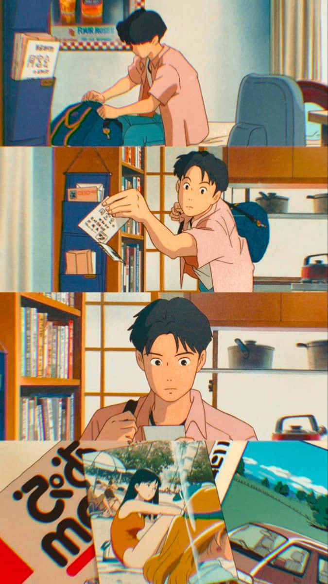 Studio Ghibli Ocean Waves 桌布 壁紙 — 一位身穿粉紅色襯衫的年輕男子在一個溫暖照明的房間裡翻閱雜誌，房間裡充滿了書籍和書架。