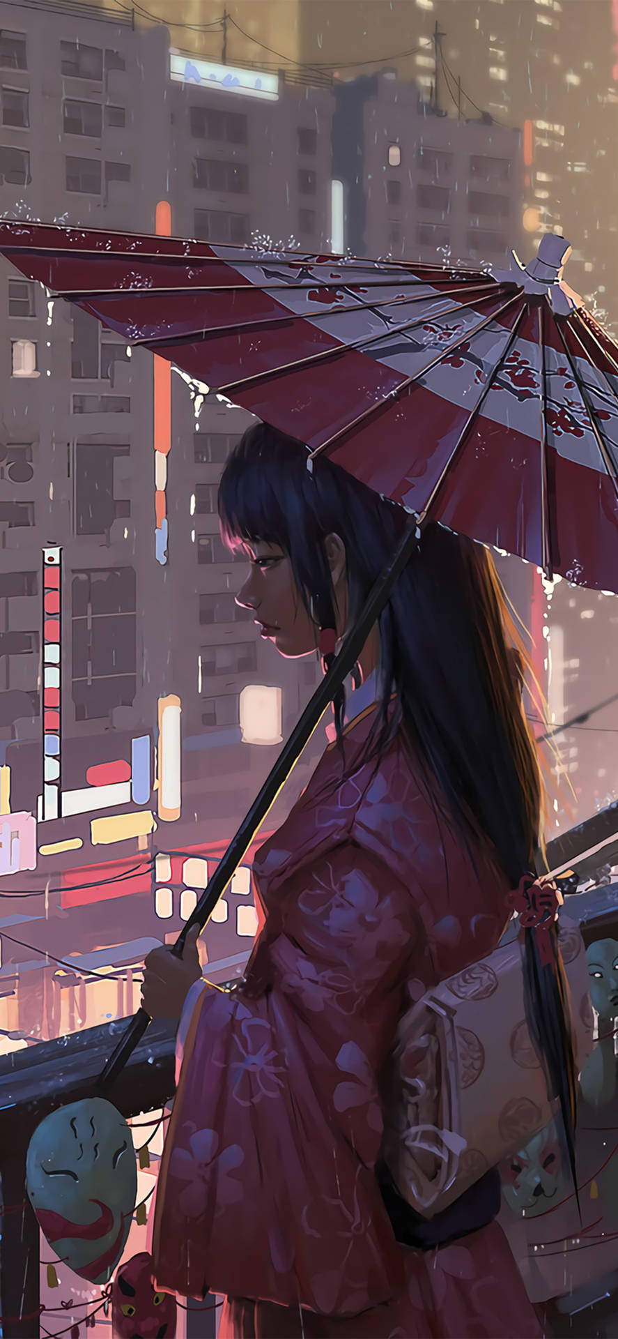 身穿粉紅色和服的女子在雨夜撐傘俯瞰發光的城市。