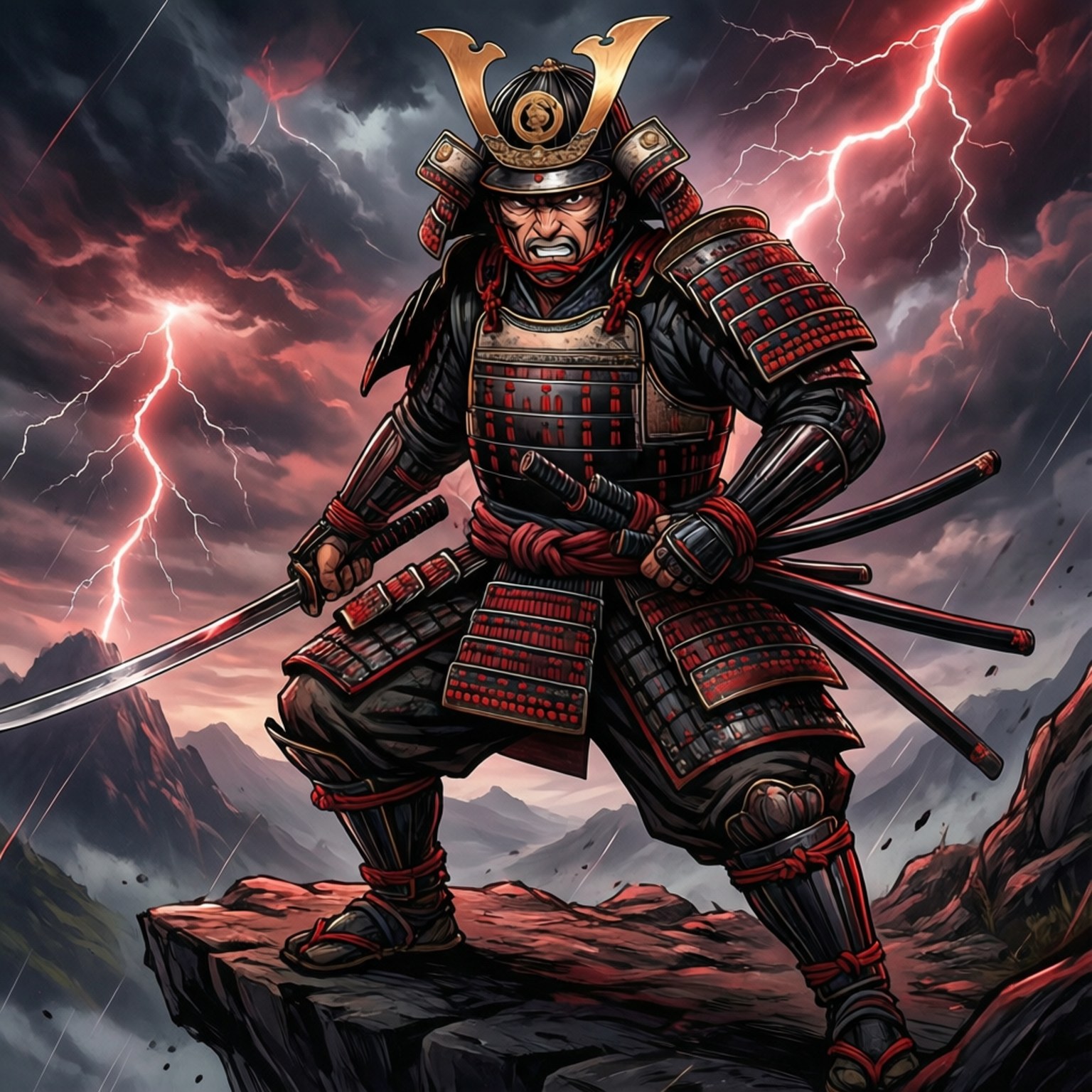 1080x1080 桌布 壁紙 — 一位身穿黑紅盔甲的兇猛武士站在懸崖頂上，天空風雨交加，閃電耀眼。
