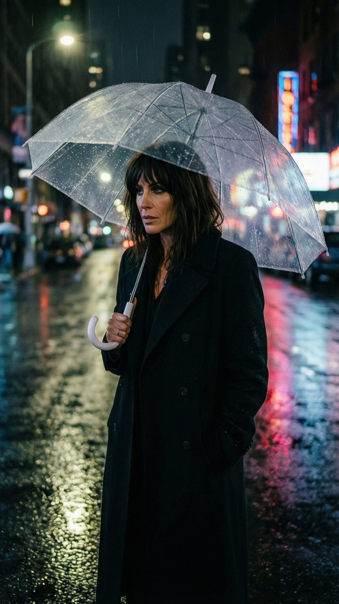 女性撐傘在夜晚霓虹燈下的雨城市中行走。