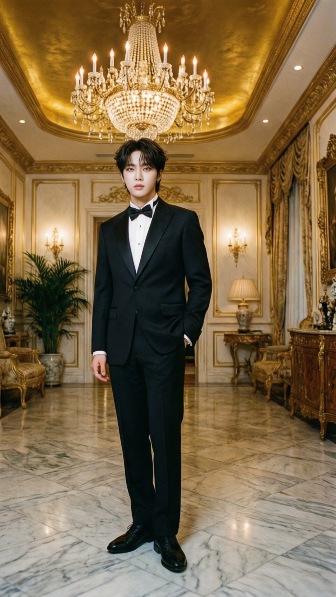 Swae Lee 桌布 壁紙 — 一位身穿黑色燕尾服的年輕男子自信地站在華麗裝飾的金色豪宅大廳中，下方是宏偉的水晶吊燈。