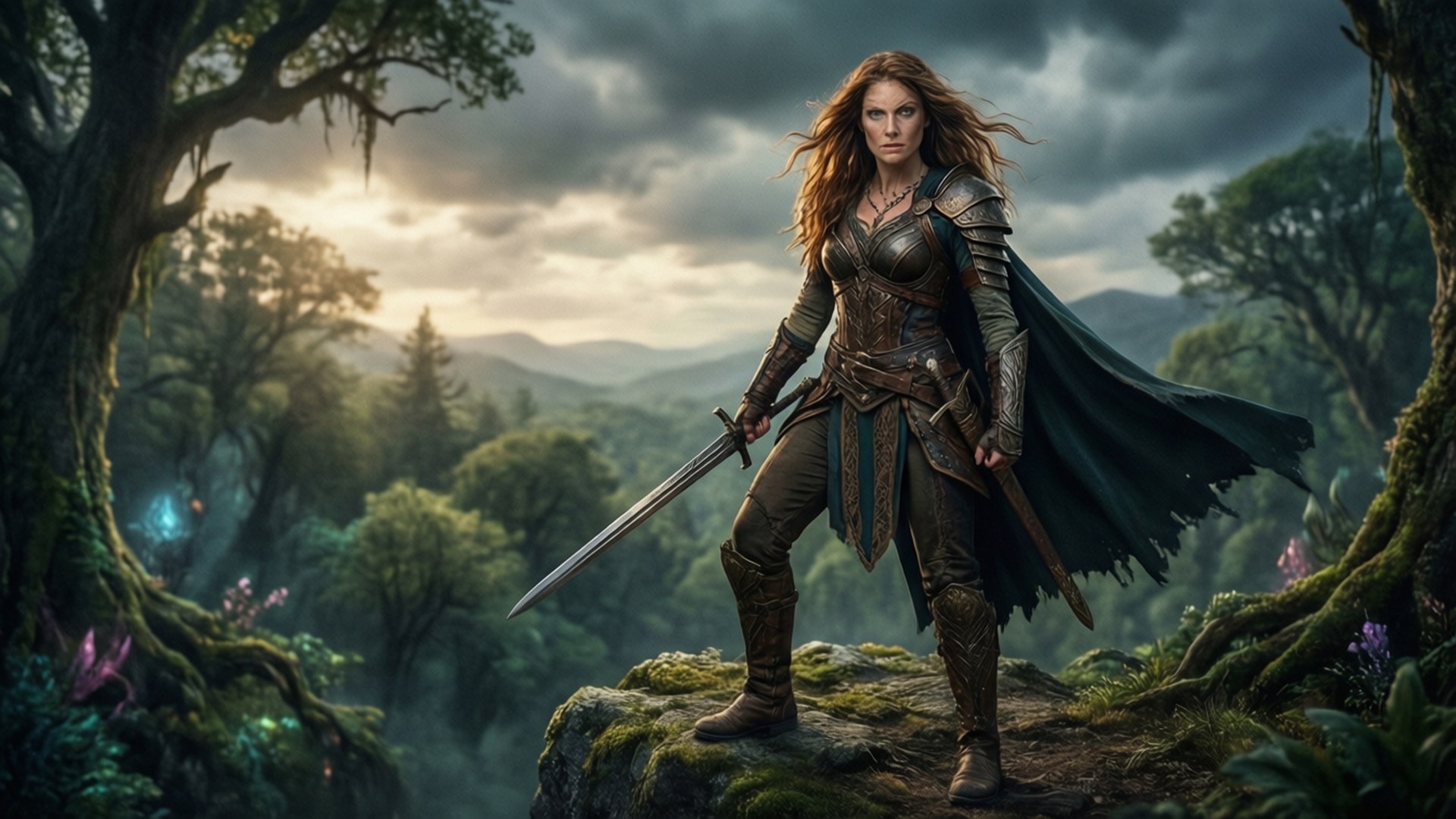 Fantasy Warrior Princess 壁紙 — 一位身穿精細盔甲的兇猛女戰士，站在神秘森林中長滿苔蘚的岩石上，周圍是發光的植物，背景是戲劇性的暮色天空。