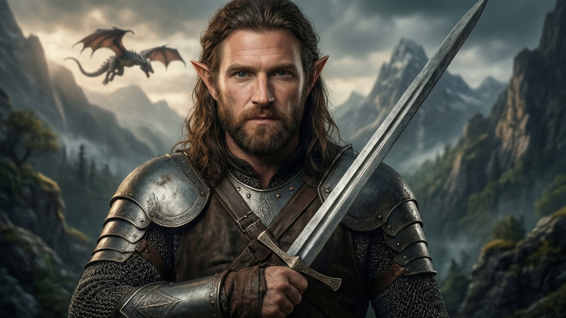 Fantasy Warrior 壁紙 — 一位身穿盔甲的嚴肅精靈戰士，在霧氣瀰漫的山脈背景下握緊劍，頭頂有一條龍翱翔。