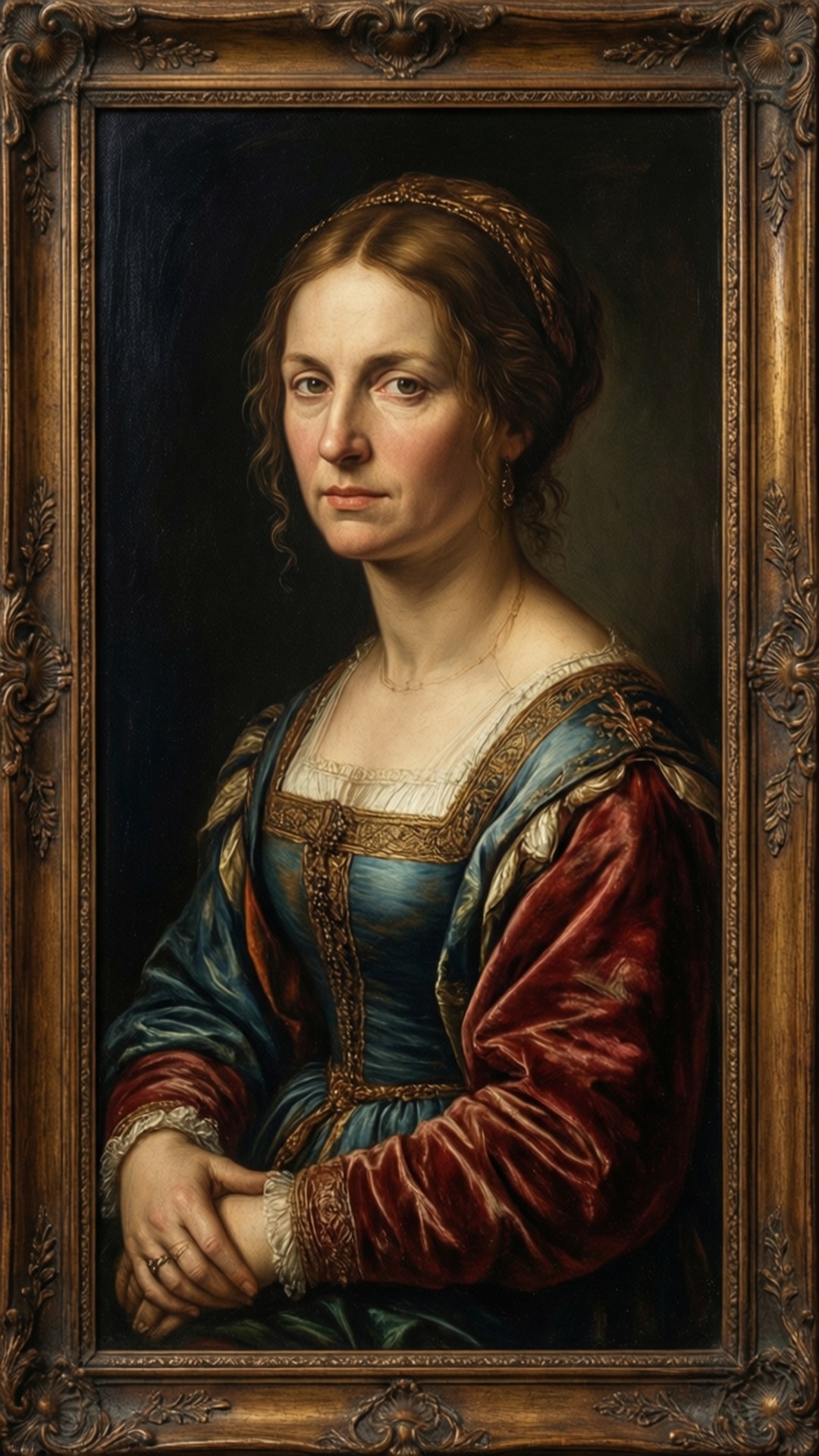 Rebecca Rossellini 桌布 壁紙 — 一位身穿藍紅長袍、頭戴金色頭帶的女性文藝復興風格肖像，鑲嵌在華麗的木框中。