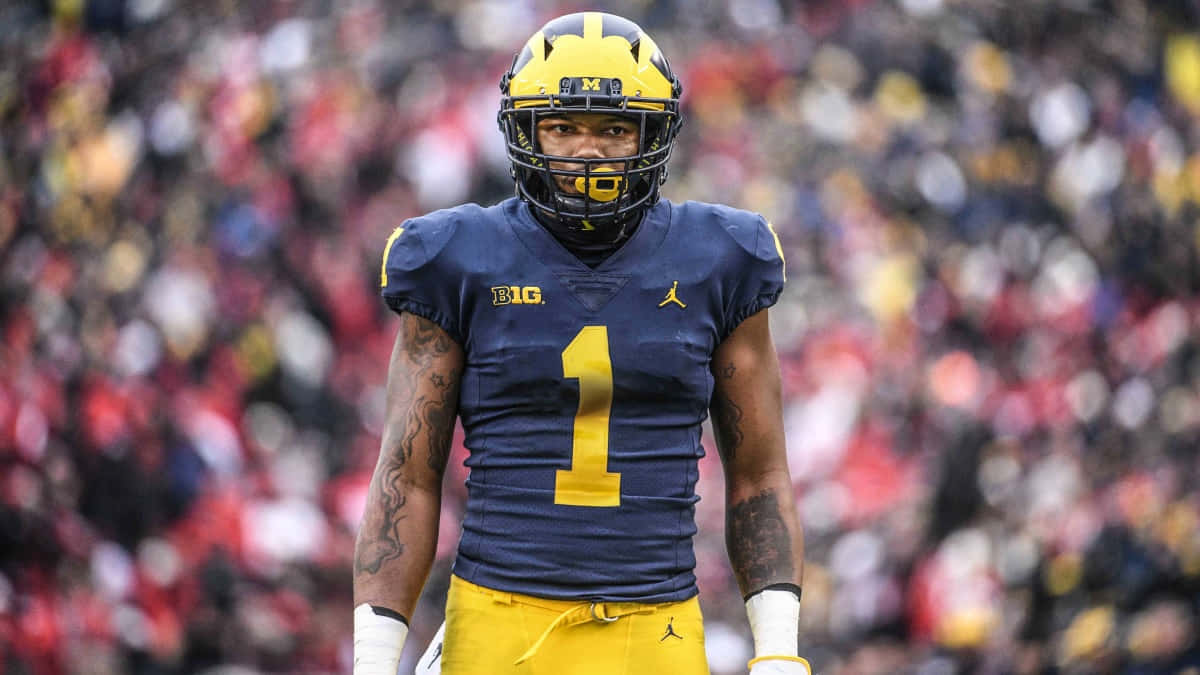 Nico Collins 桌布 壁紙 — 一位身穿藍黃色一號球衣、專注的足球員站在球場上，背景是模糊的人群。
