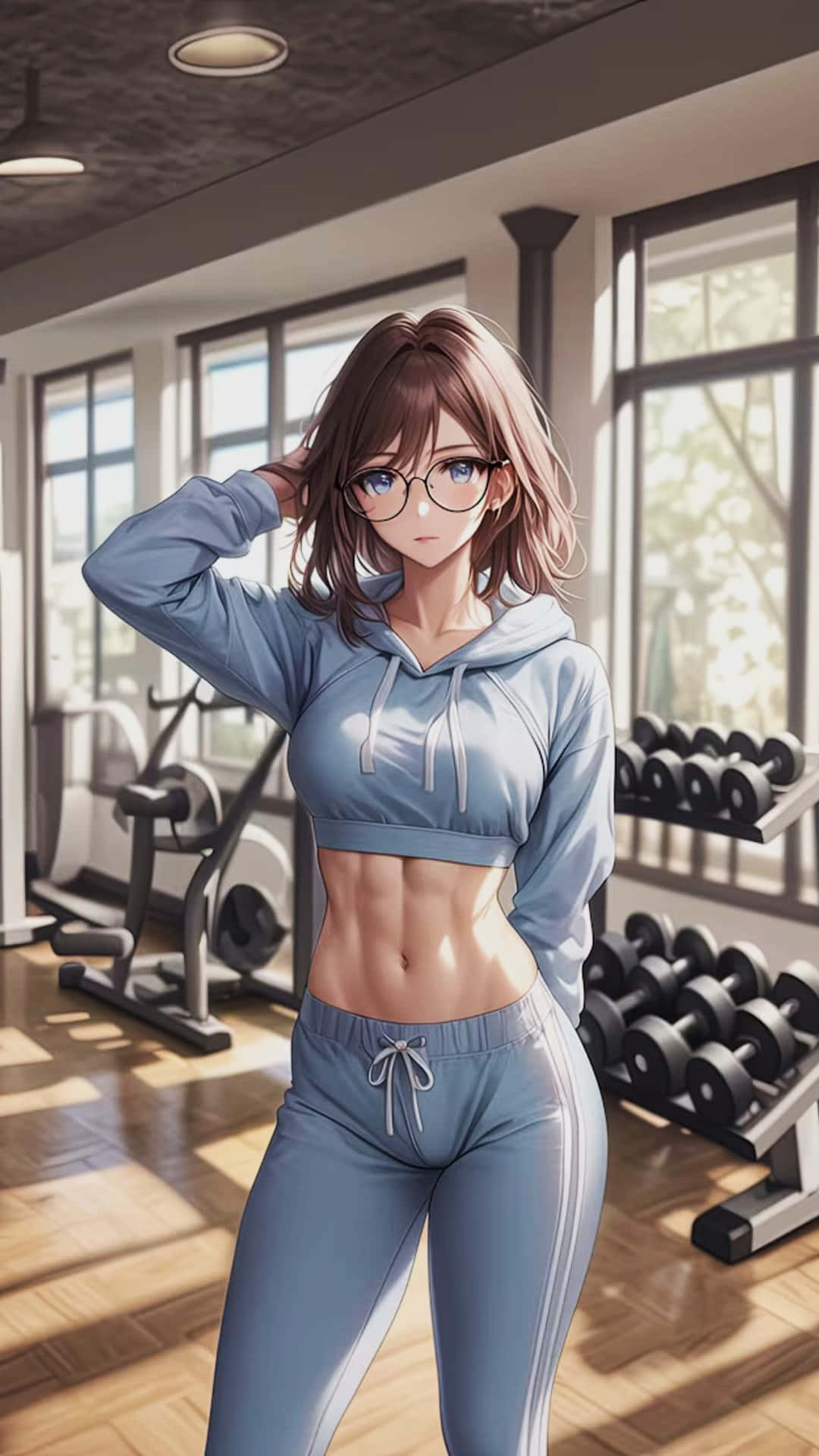  壁紙 — 一位身穿藍色運動服的年輕女性在陽光充足的健身房中自信地擺姿勢，周圍有啞鈴和健身器材。