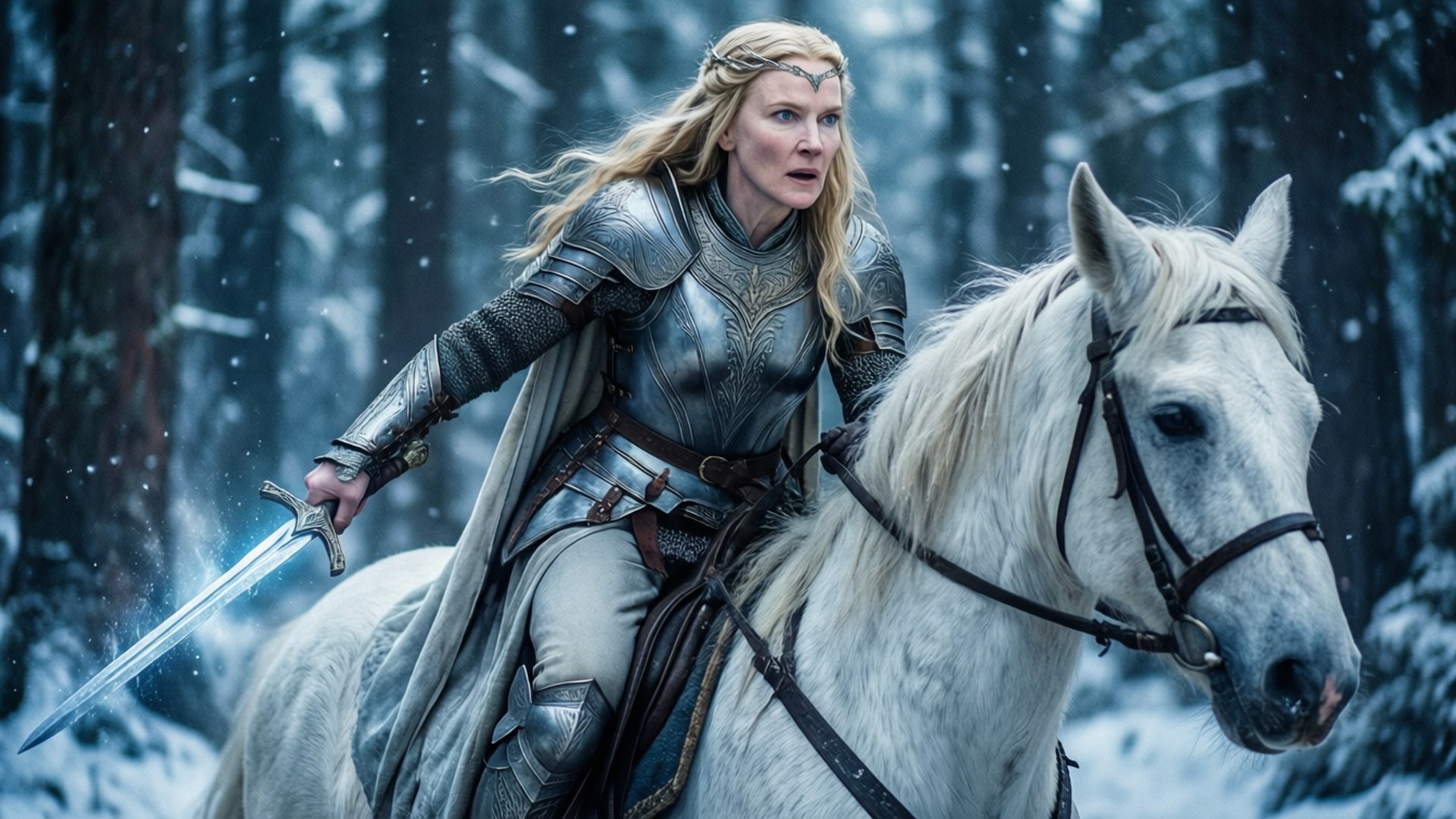 Cate Blanchett 桌布 壁紙 — 一位身穿銀色鎧甲的女戰士騎著白馬穿過雪地森林，手持發光的劍。