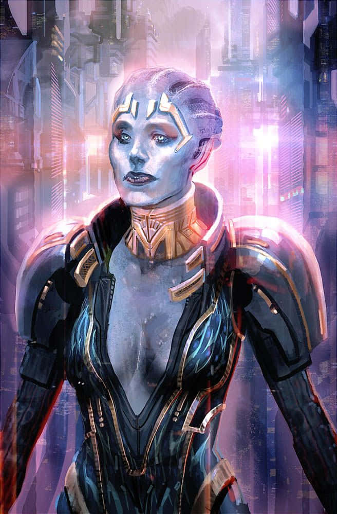 Mass Effect Samara 桌布 壁紙 — 一位身穿裝甲服的未來外星女性，站在發光的霓虹城市景觀前，帶有紫色和藍色燈光。