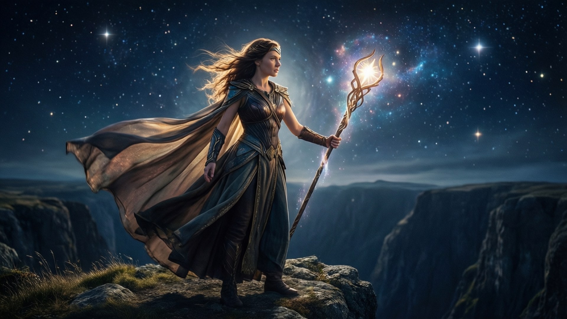一位奇幻女子手持發光法杖，在夜晚星空下站在懸崖上。