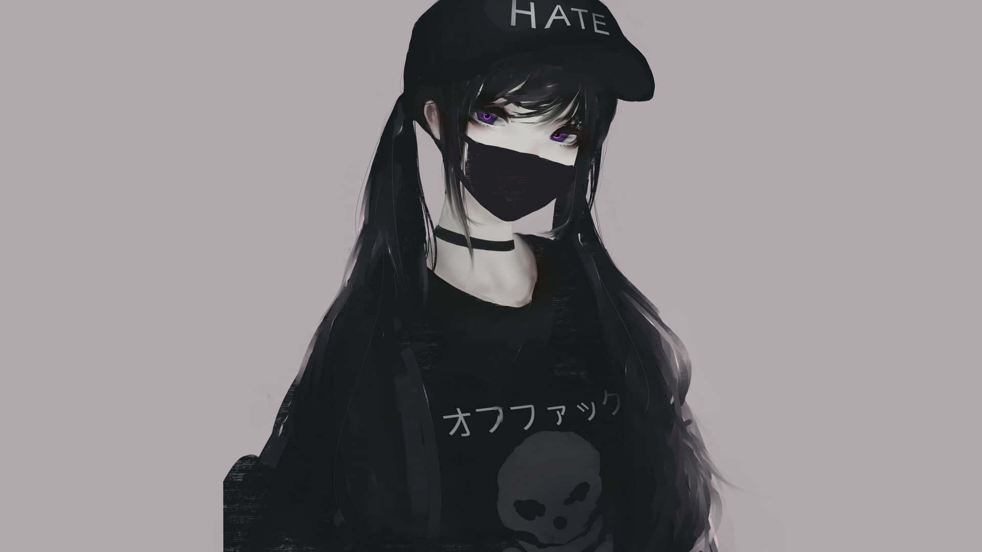  壁紙 — 一位深色頭髮、紫色眼睛的動漫女孩，在純灰色背景前戴著「HATE」帽子和黑色口罩。