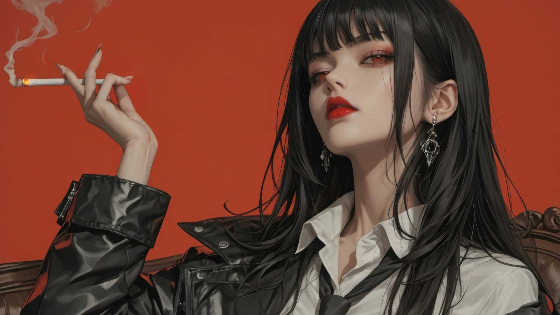  壁紙 — 一位時尚的動漫女性，黑髮紅眼，在鮮豔的橙色背景前抽煙。
