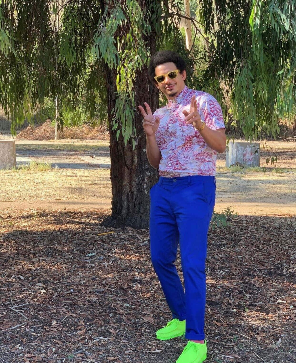  壁紙 — 一位時尚男士穿著花卉圖案襯衫和亮藍色褲子，在枝葉茂密的樹下穿著螢光綠色鞋子愉快地擺姿勢。