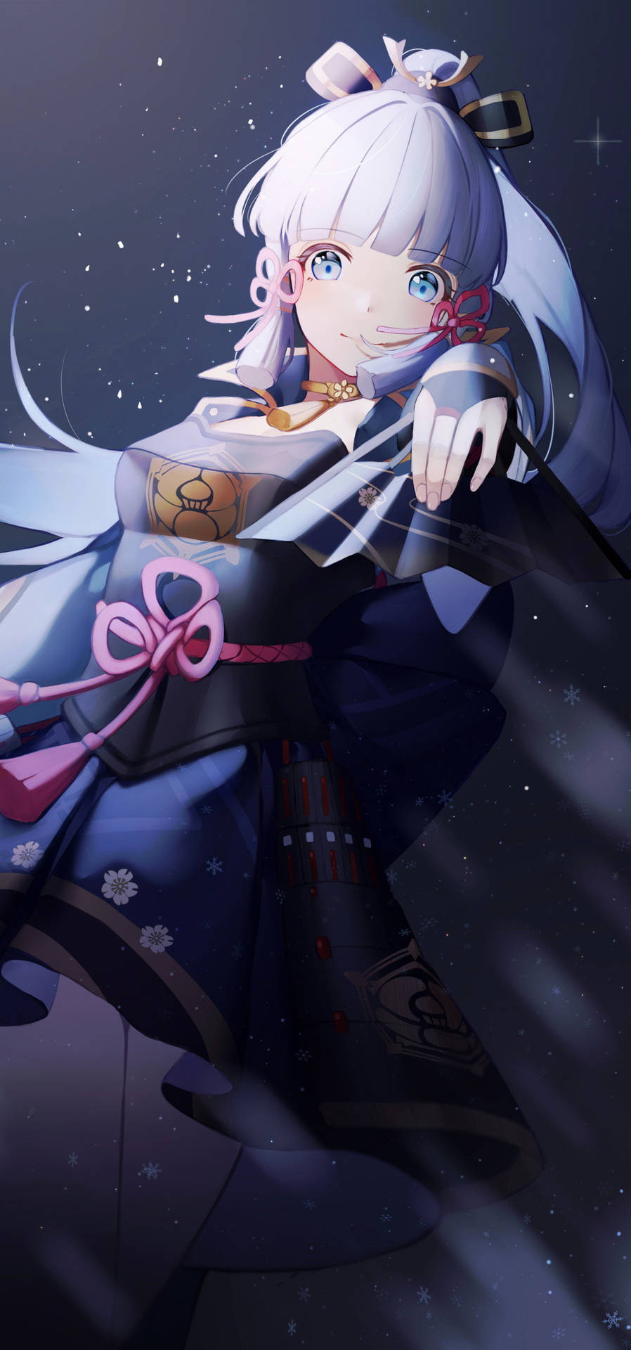 動漫女孩穿著傳統和服在星空夜空下微笑 — 原神 壁紙