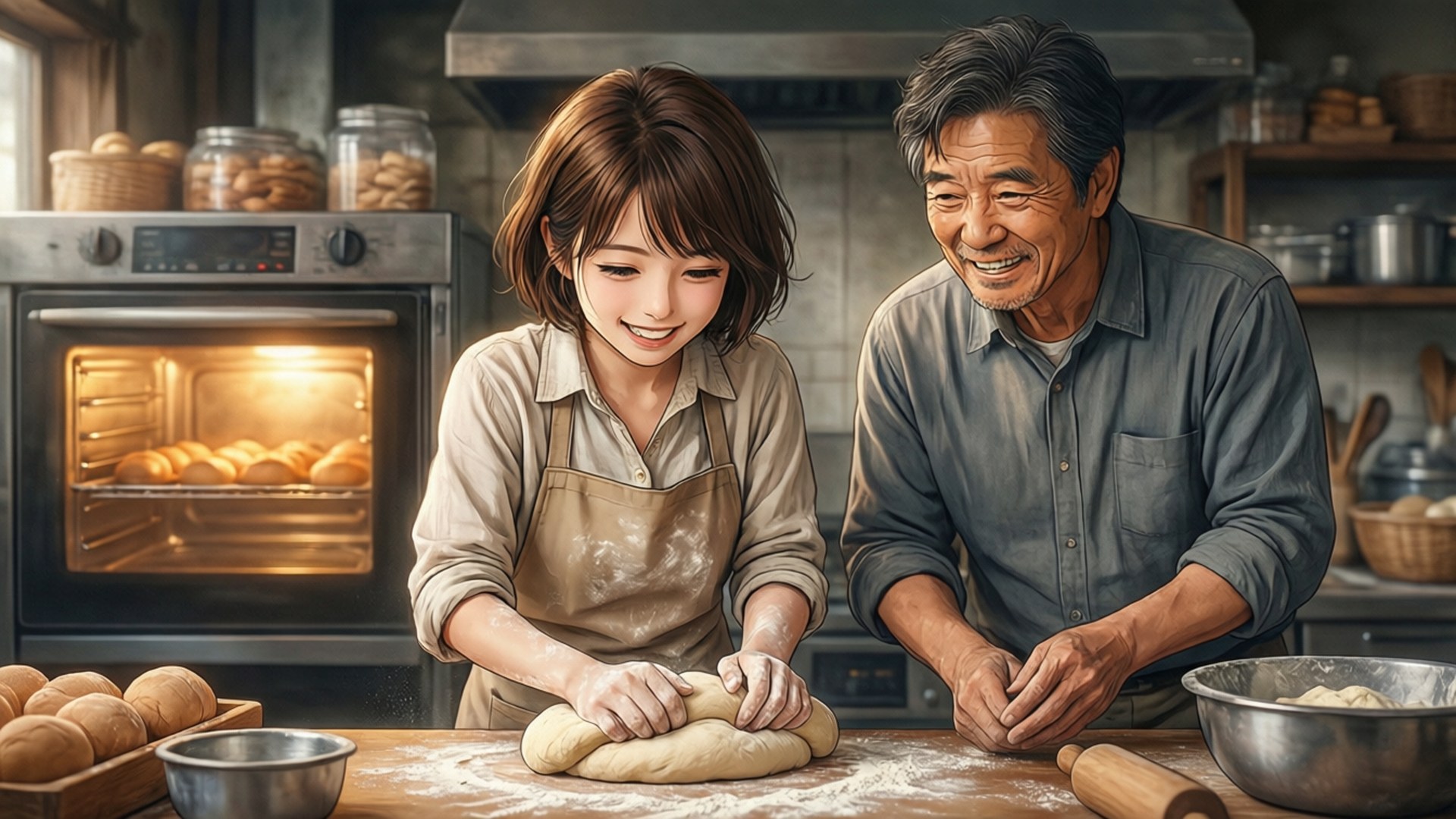 Nagisa Furukawa 桌布 壁紙 — 一位微笑的年輕女子和一位年長男子在溫暖明亮的廚房裡一起揉麵團，身後烤箱裡有麵包正在烘烤。