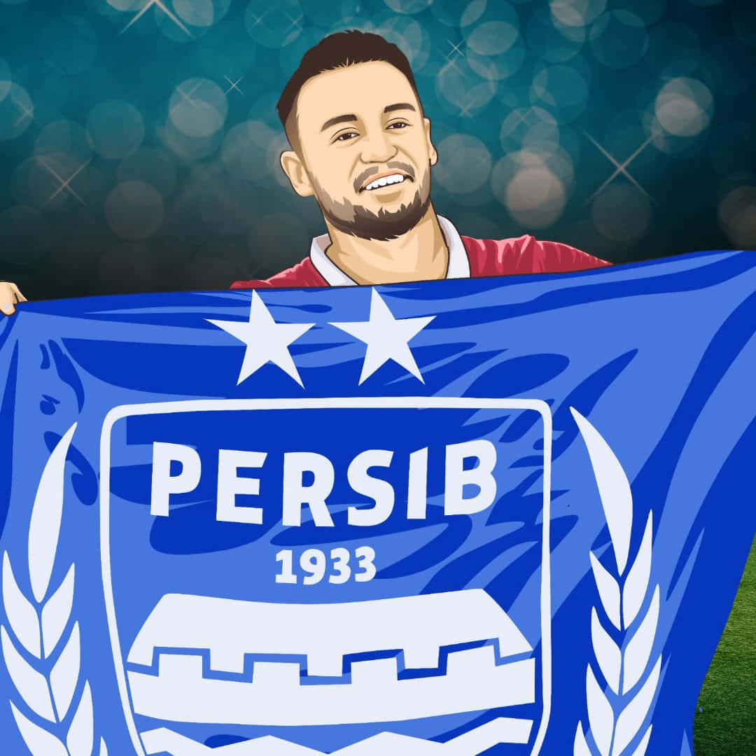  壁紙 — 一位微笑的足球員自豪地舉起藍色Persib 1933橫幅，上面有白色星星和月桂花環，背景是閃閃發光的藍綠色散景。