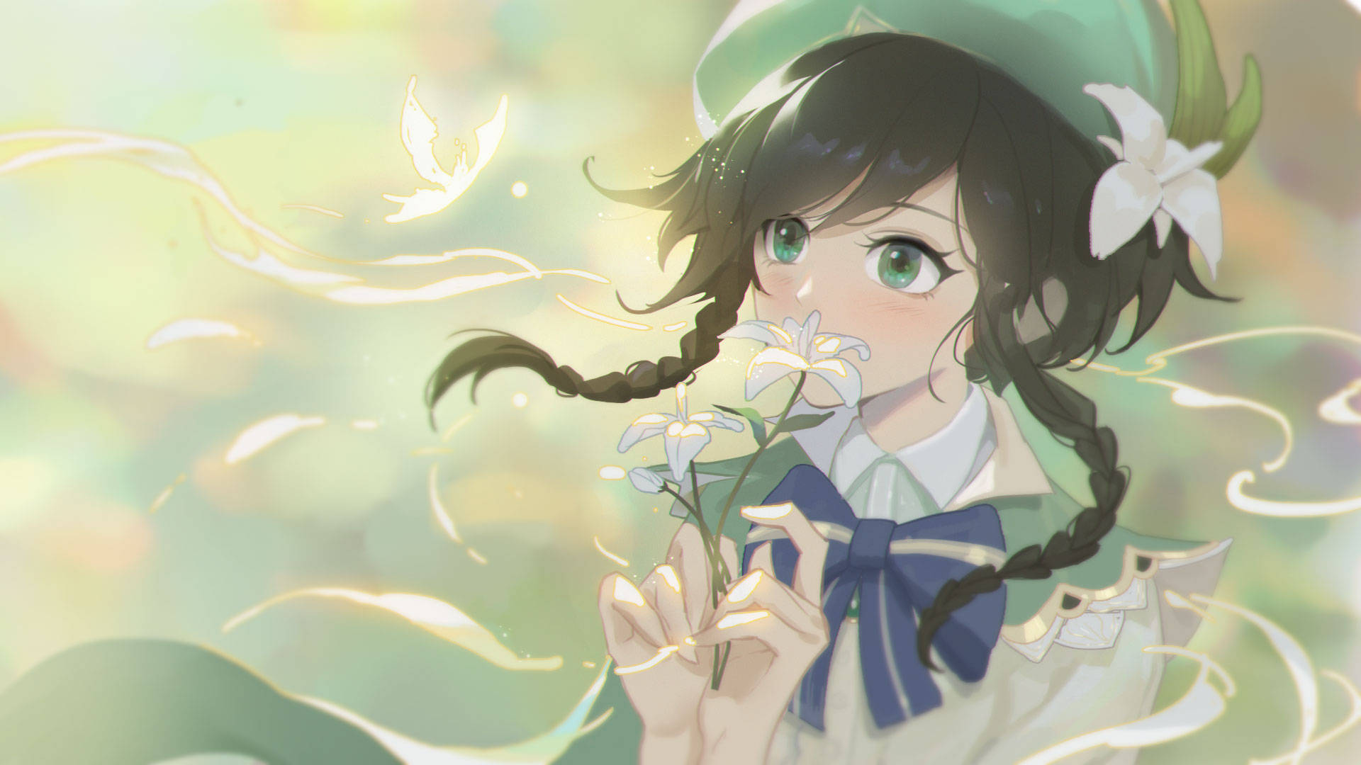 動漫女孩在柔和粉彩背景中手持白色百合花，周圍有發光的蝴蝶。