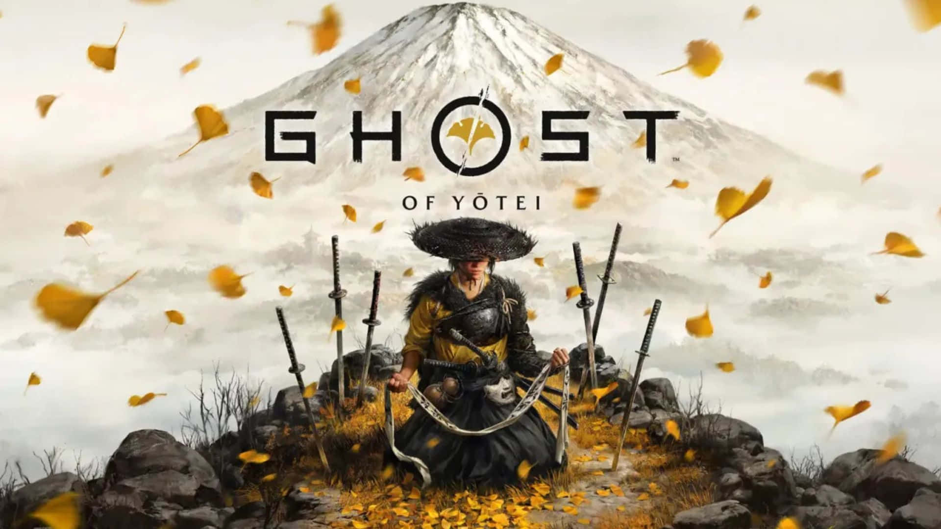  壁紙 — 一位武士跪在富士山前，金色樹葉在他周圍旋轉，構成寧靜的秋日場景。