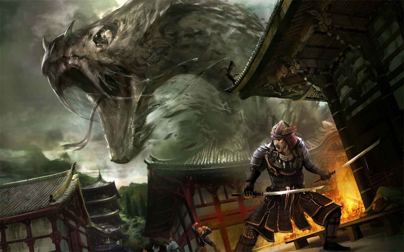  壁紙 — 一位武士戰士在燃燒的寺廟庭院中堅定站立，一條巨龍在暴風雨的天空中若隱若現。