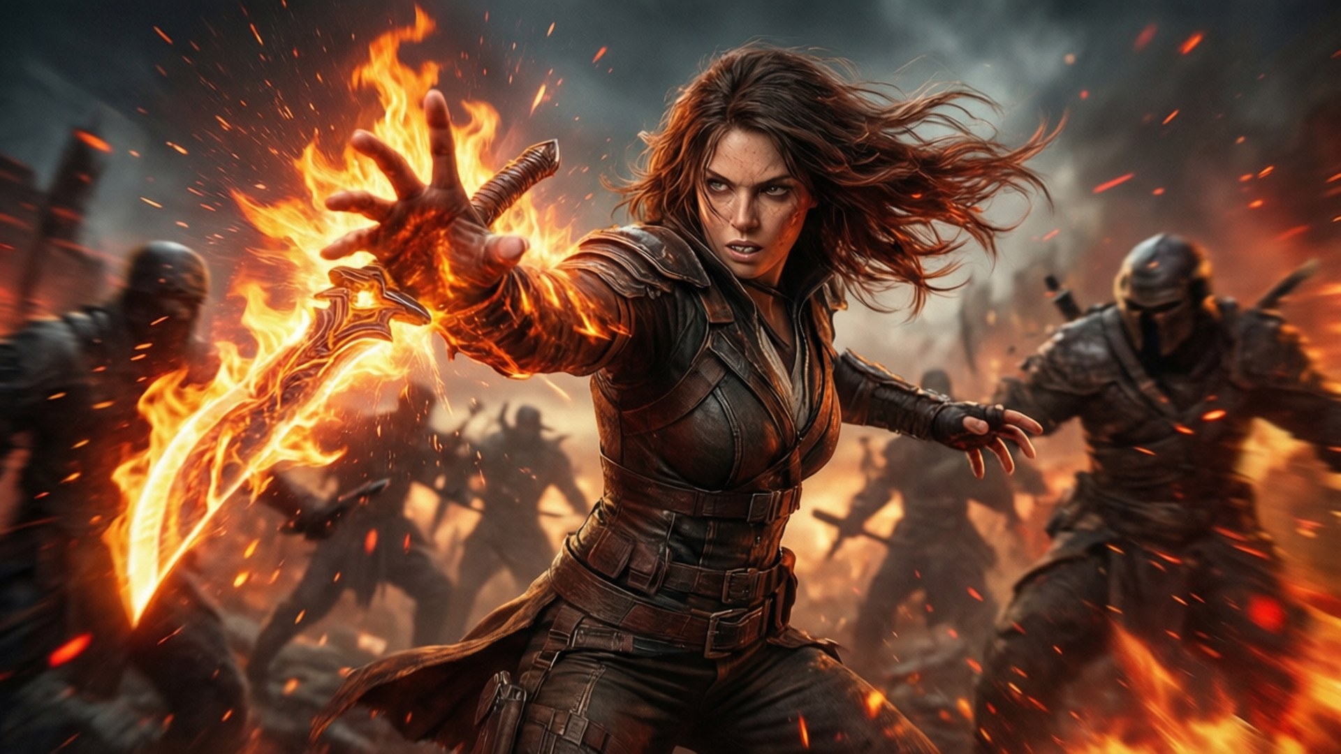 Ana Bray 桌布 壁紙 — 一位兇猛的女戰士在煙霧瀰漫的天空下，於裝甲敵人的戰場中揮舞著火焰劍。