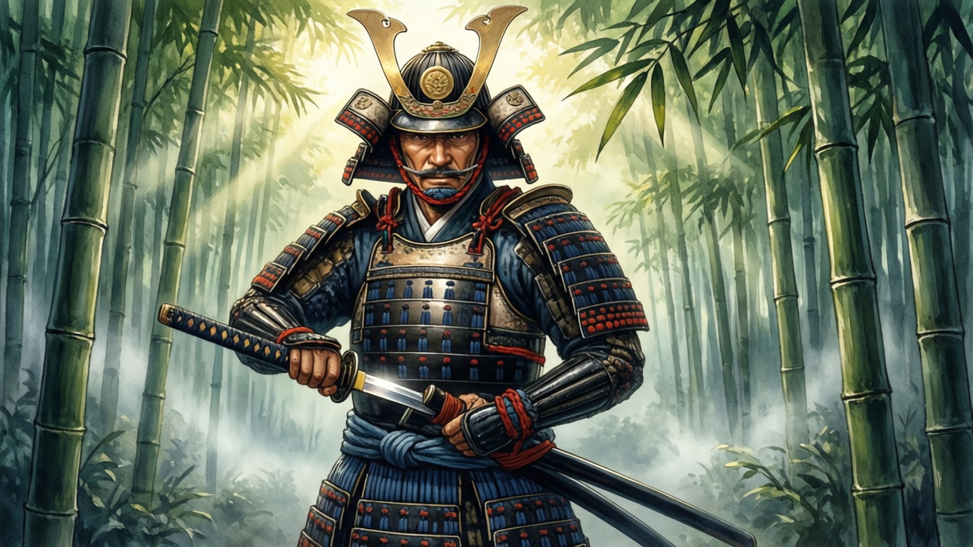 全副武裝的武士在霧氣瀰漫的竹林中手持武士刀。
