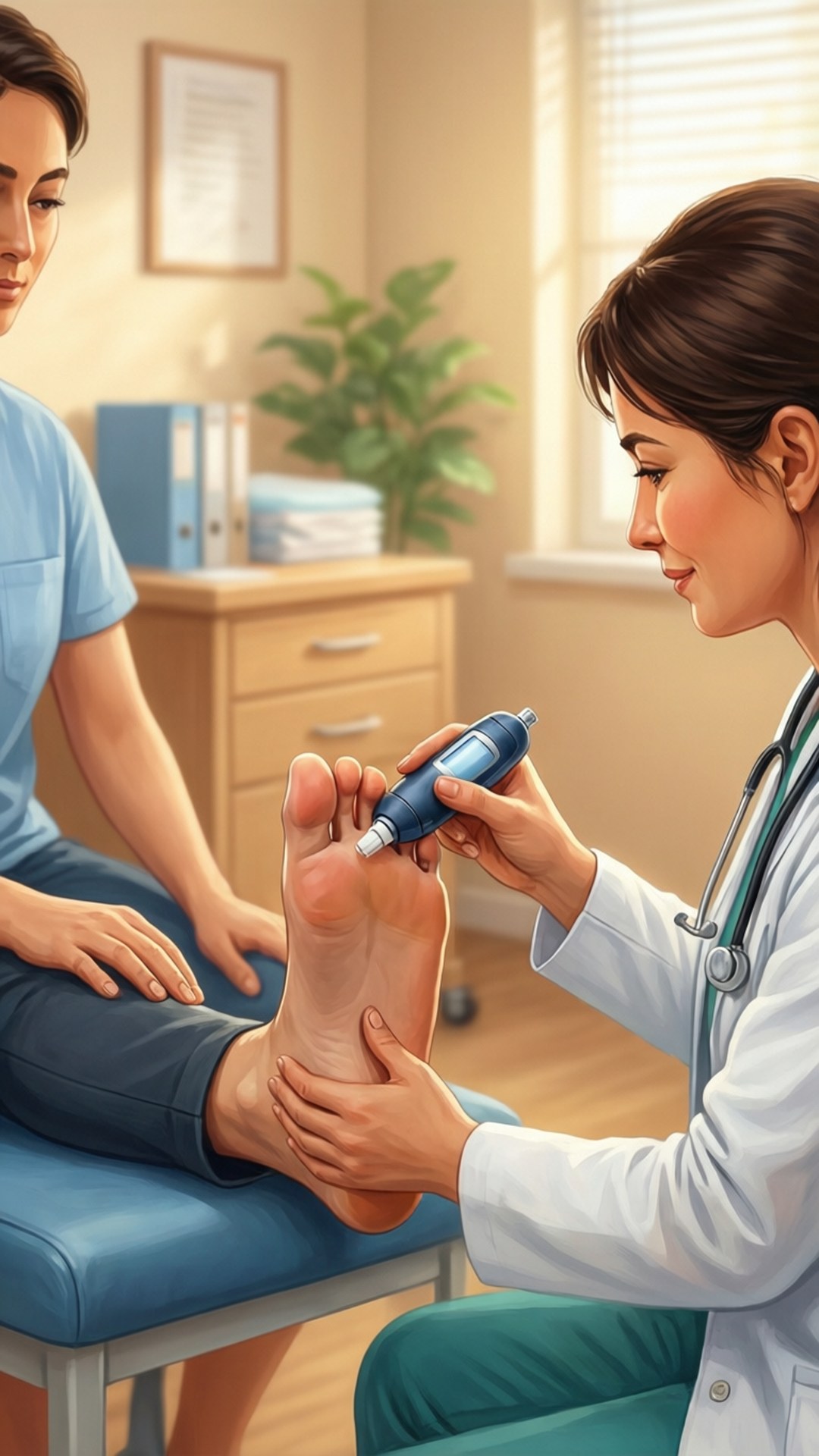 Diabetes 桌布 壁紙 — 一位醫生在明亮的診療室中用醫療設備輕柔地檢查病人的腳。
