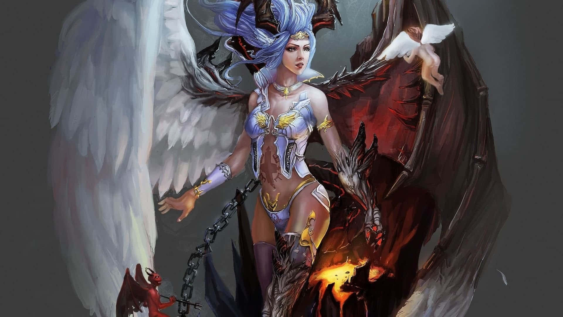  壁紙 — 一位擁有白色天使翅膀和紅色惡魔翅膀的奇幻戰士，站在火焰之上，手持被鎖鏈束縛的惡魔。