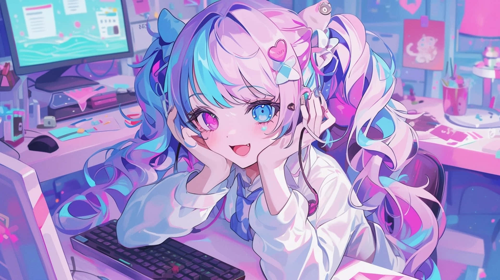 Needy Streamer Overload 桌布 壁紙 — 一位擁有藍色和粉紅色頭髮的開朗動漫女孩，在充滿活力的賽博朋克房間裡，在發光的桌子上微笑著玩遊戲。