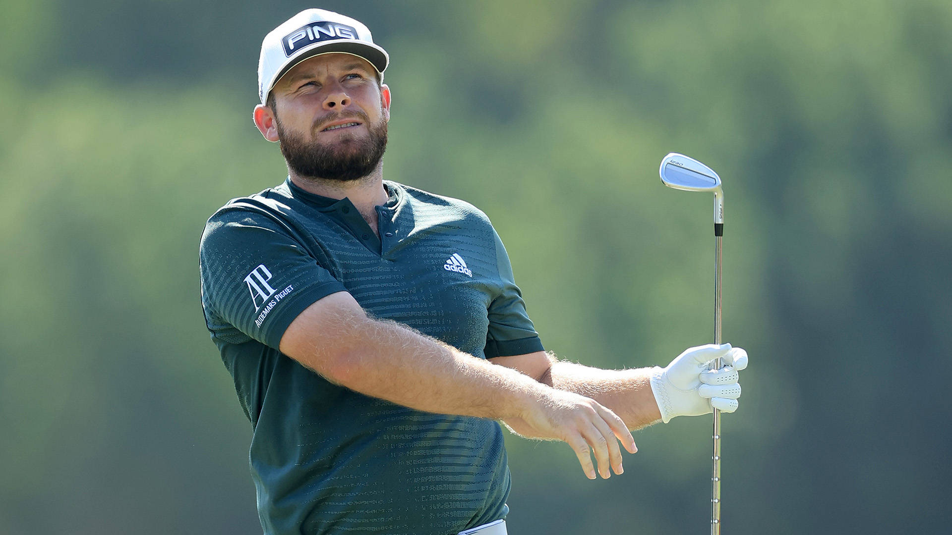 Tyrrell Hatton 桌布 壁紙 — 一位專注的高爾夫球手在陽光明媚的球場上揮桿，背景有模糊的綠色樹木。