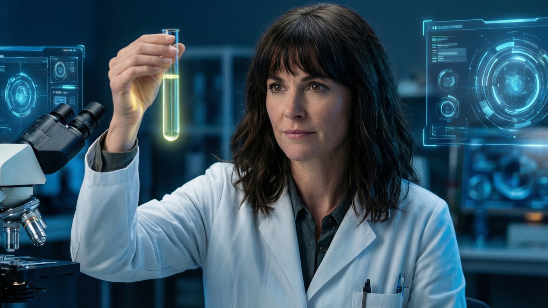 Cobie Smulders 桌布 壁紙 — 一位專注的科學家穿著實驗室外套，在藍色全息顯示屏和顯微鏡下拿著發光的綠色試管。