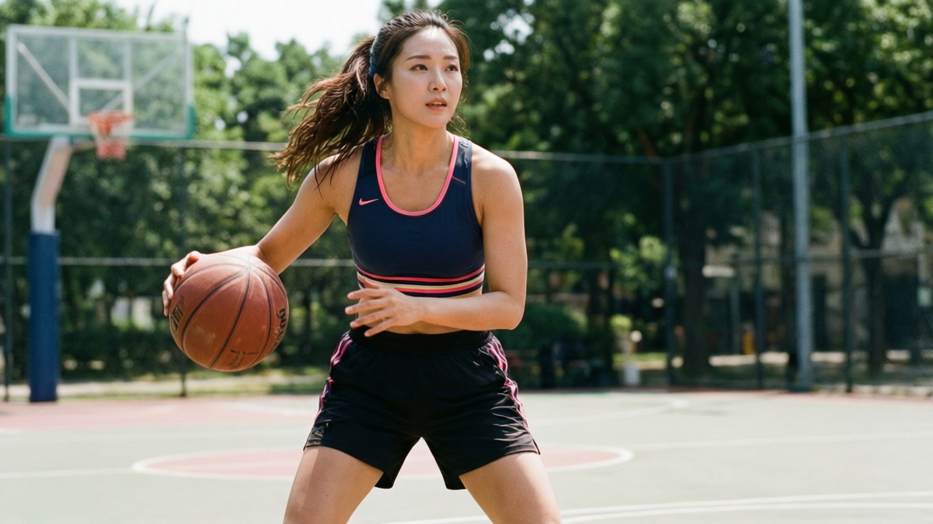 年輕女子在陽光明媚的日子裡在戶外球場打籃球。