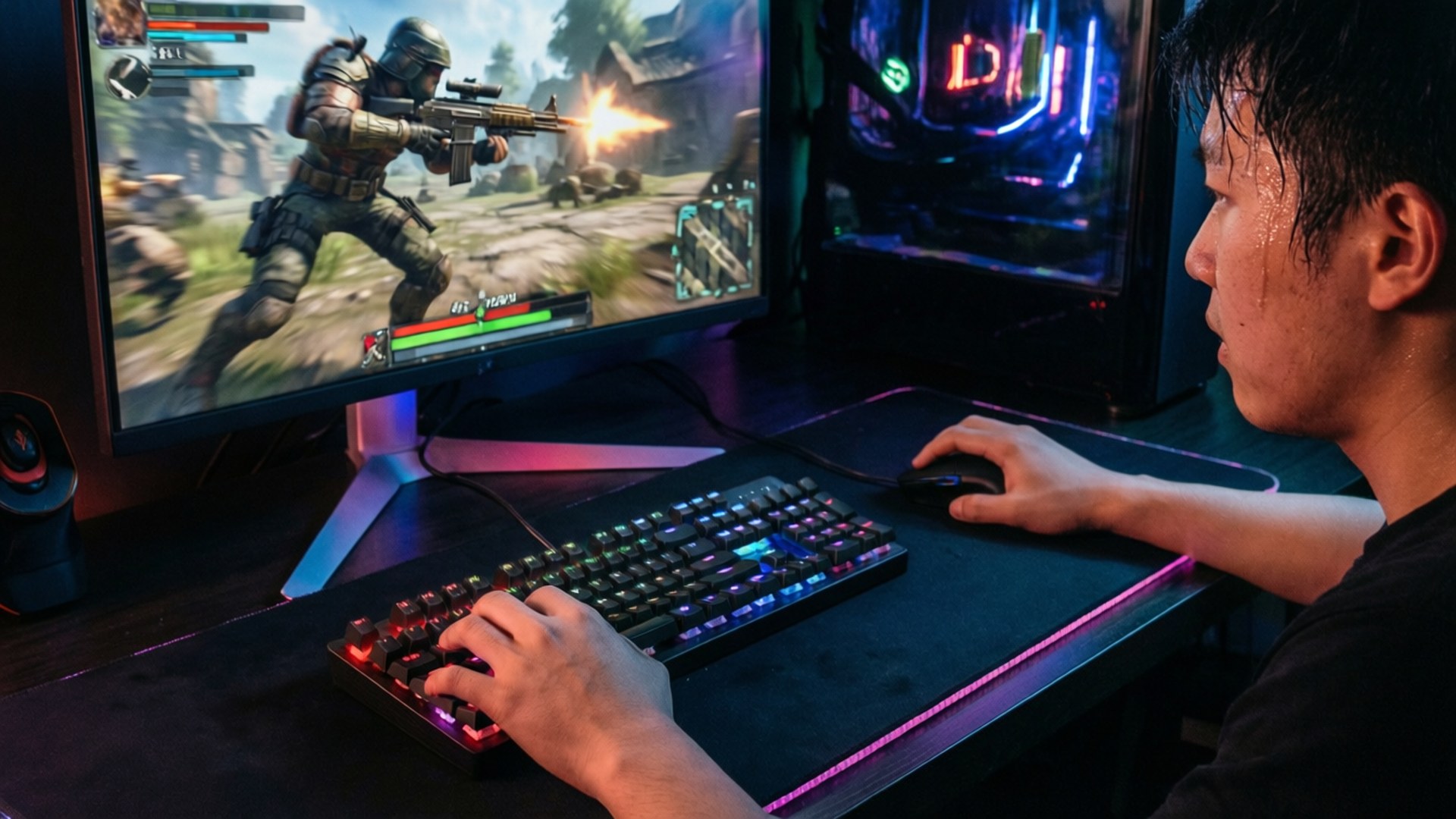 Competitive Gaming Reflexes 壁紙 — 一位專注的玩家在霓虹燈光下使用發光的RGB鍵盤和滑鼠玩第一人稱射擊遊戲。