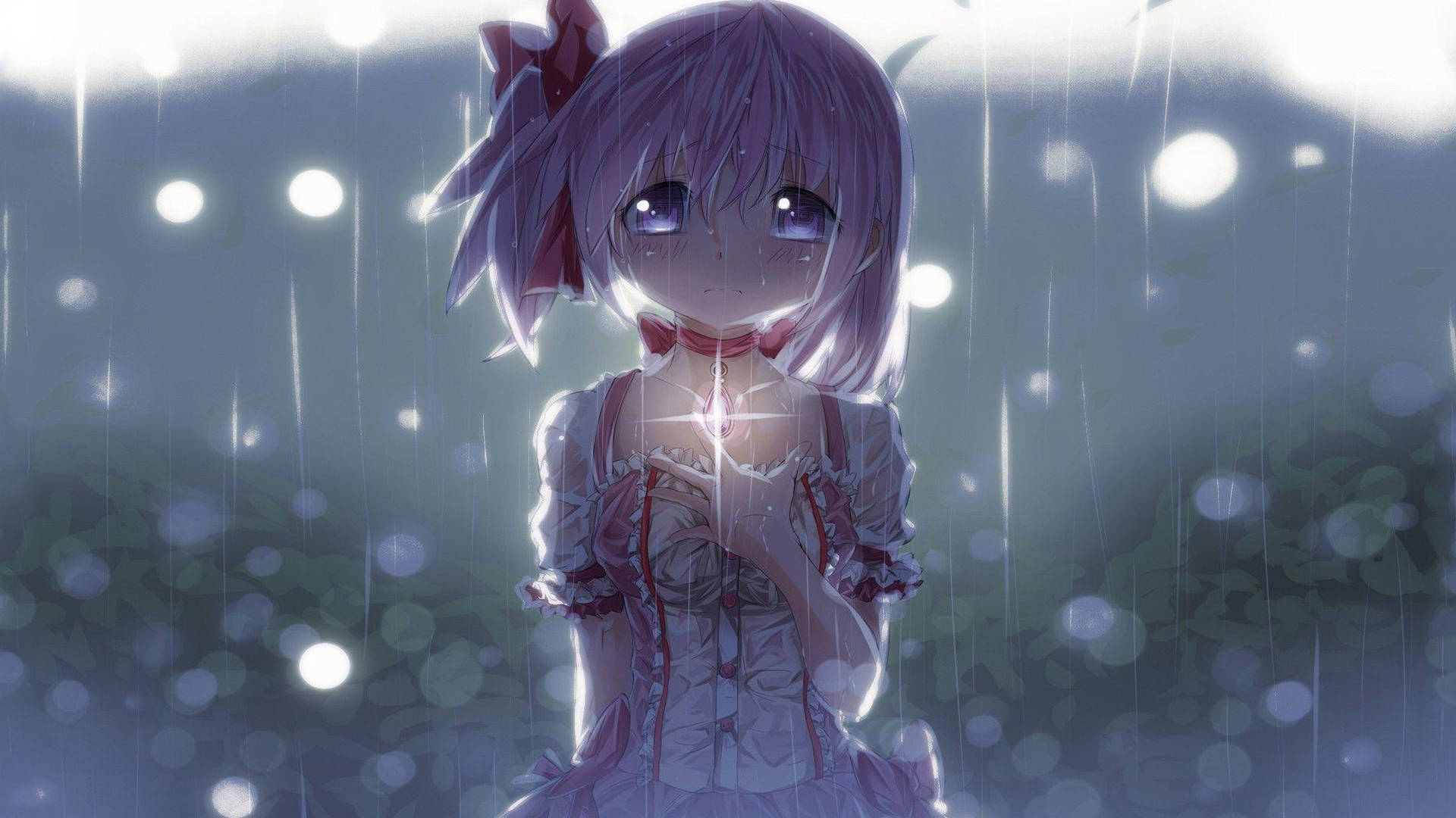 紫發動漫女孩在雨中場景中手持發光球體，帶有散景燈光。