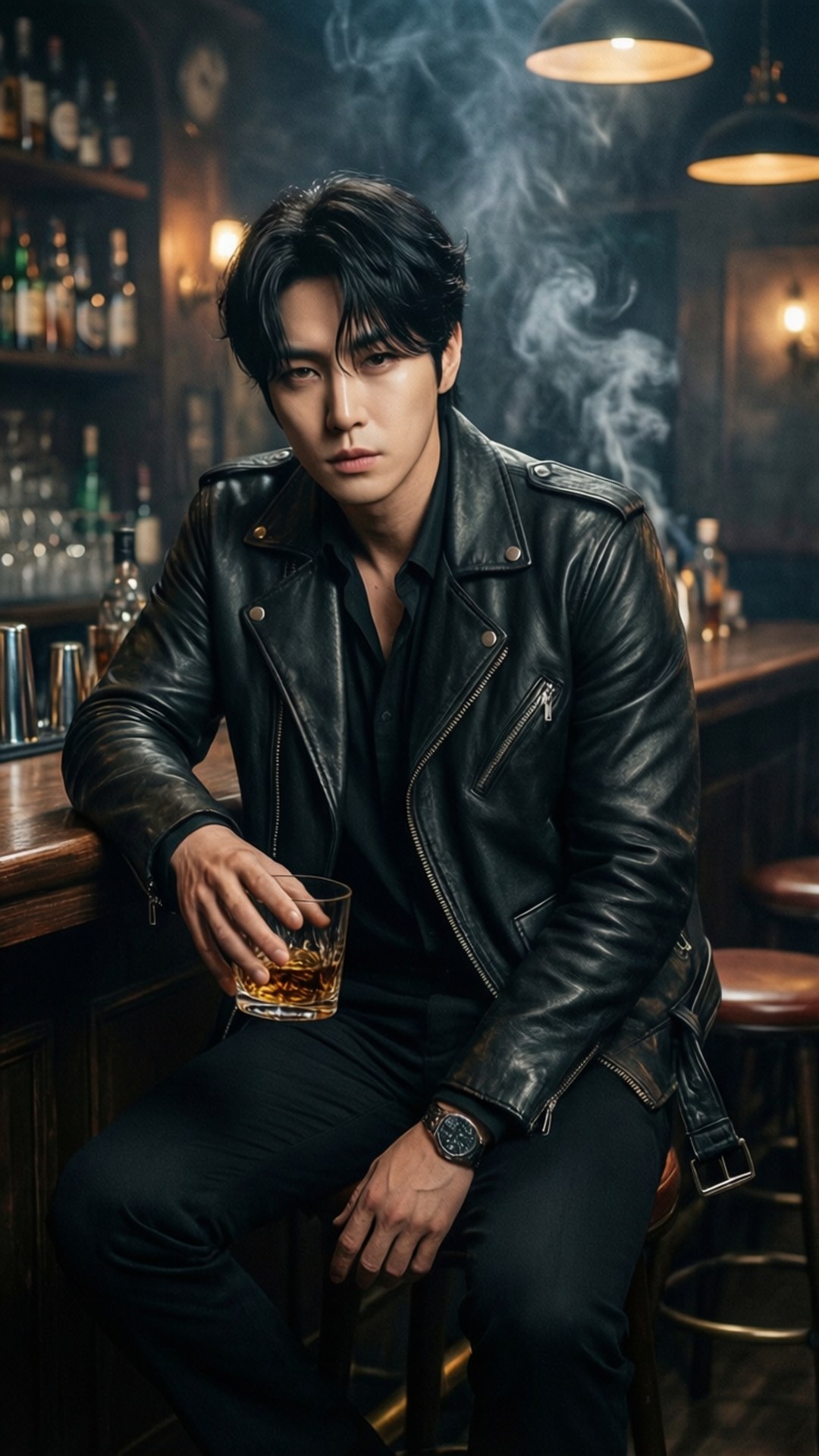 Ahn Hyo Seop 桌布 壁紙 — 一位英俊男子身穿黑色皮褸，坐在燈光昏暗的酒吧裡，手持威士忌杯，煙霧在他周圍繚繞。