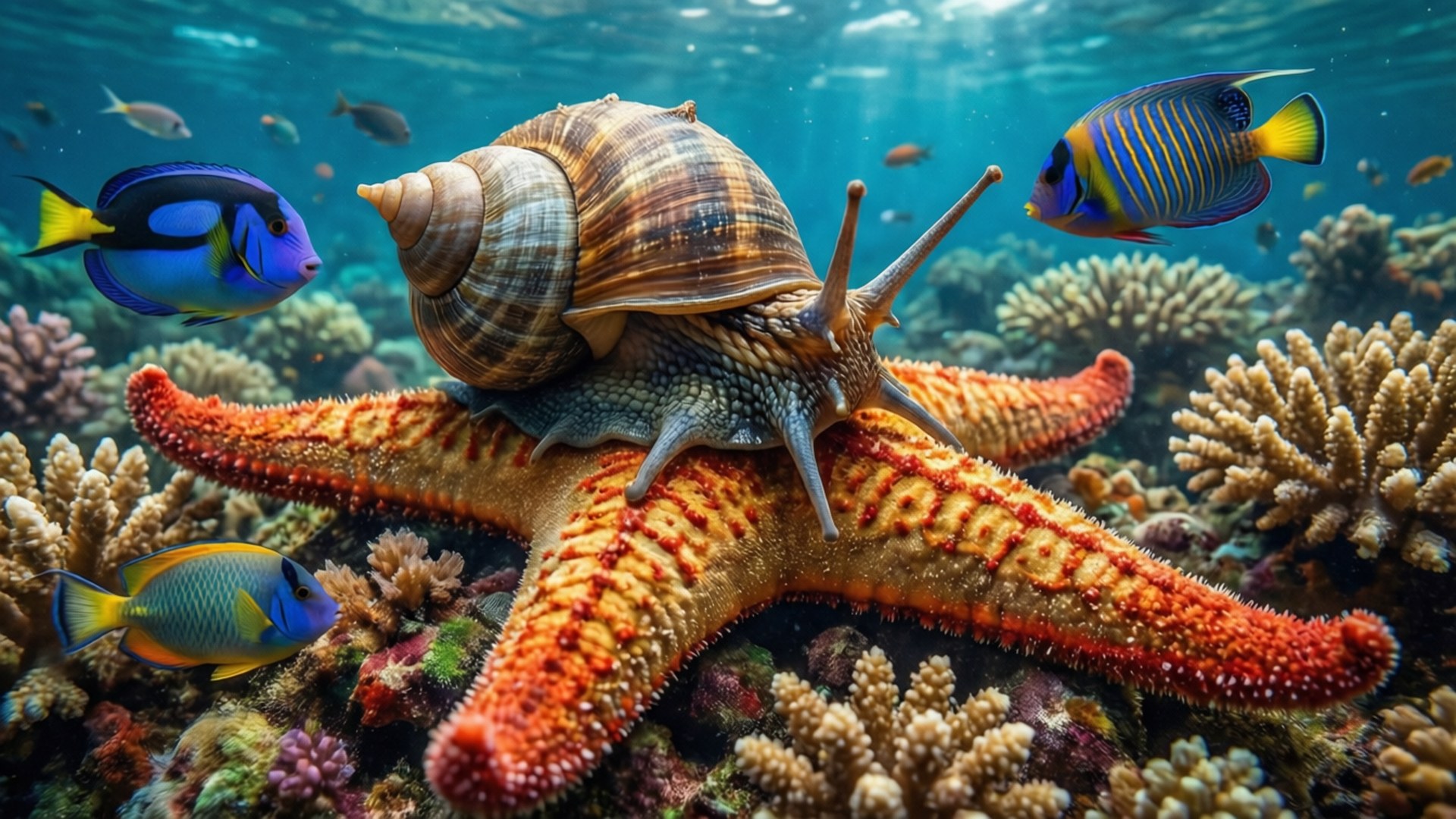 蝸牛在海星上，熱帶魚在珊瑚礁周圍游動。