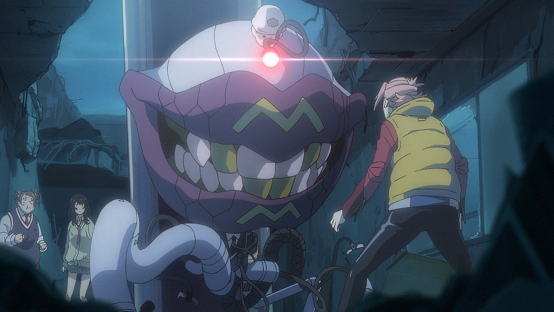 Flcl Alternative 桌布 壁紙 — 一隻帶有發光紅眼和尖牙的紫色動畫怪物，在廢墟建築中威脅著一群驚恐的青少年。