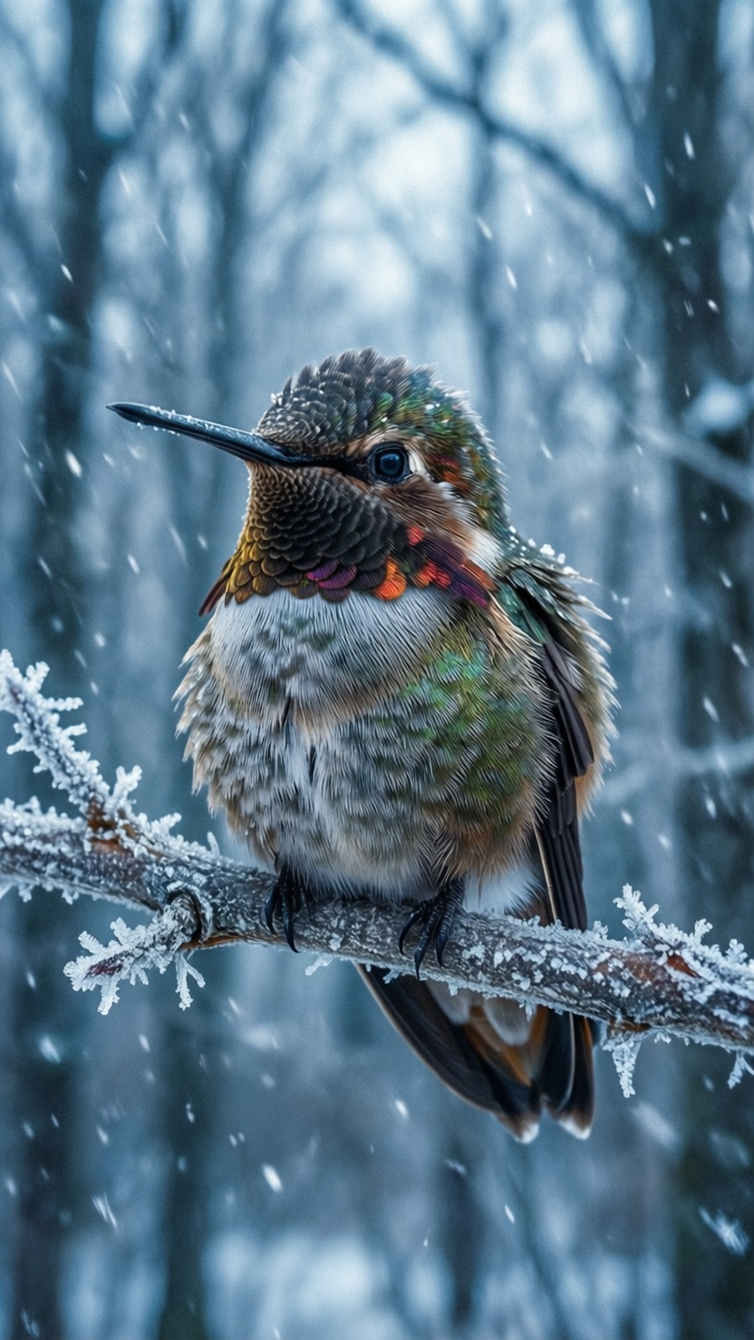 冬日森林中雪枝上的蜂鳥。