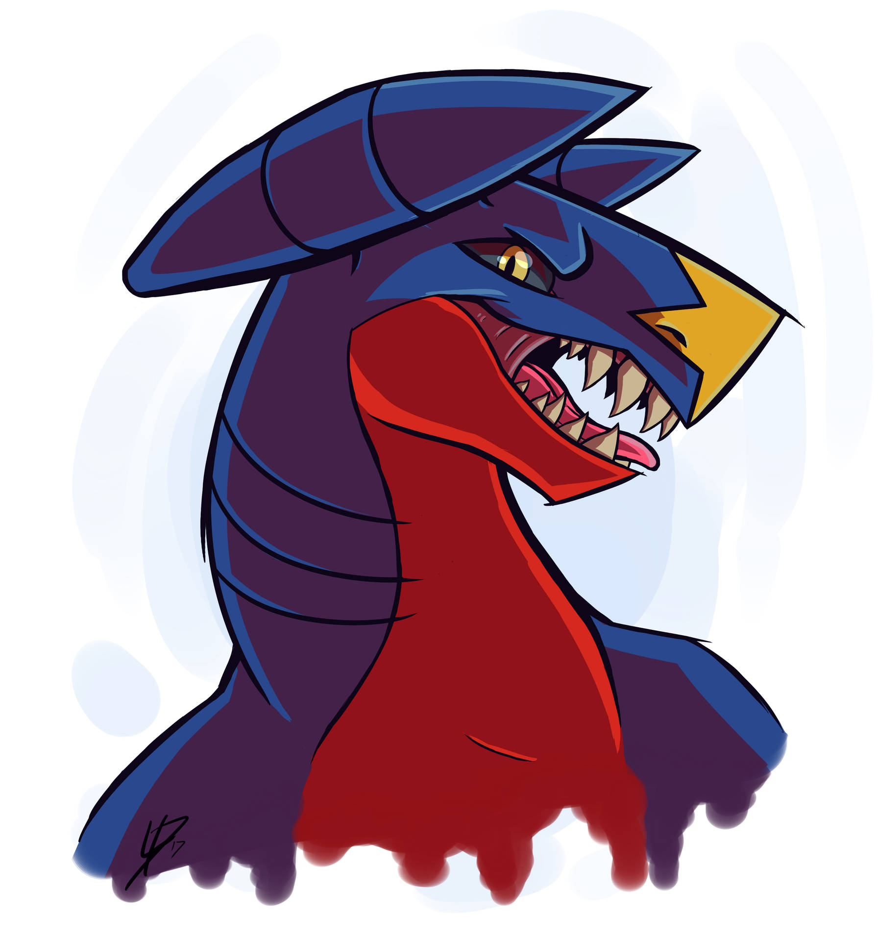 Garchomp 近距離粉絲藝術 壁紙 — 一隻兇猛的藍紅龍，擁有鋒利的牙齒和發光的黃色眼睛，在柔和的淺藍色背景上咆哮。