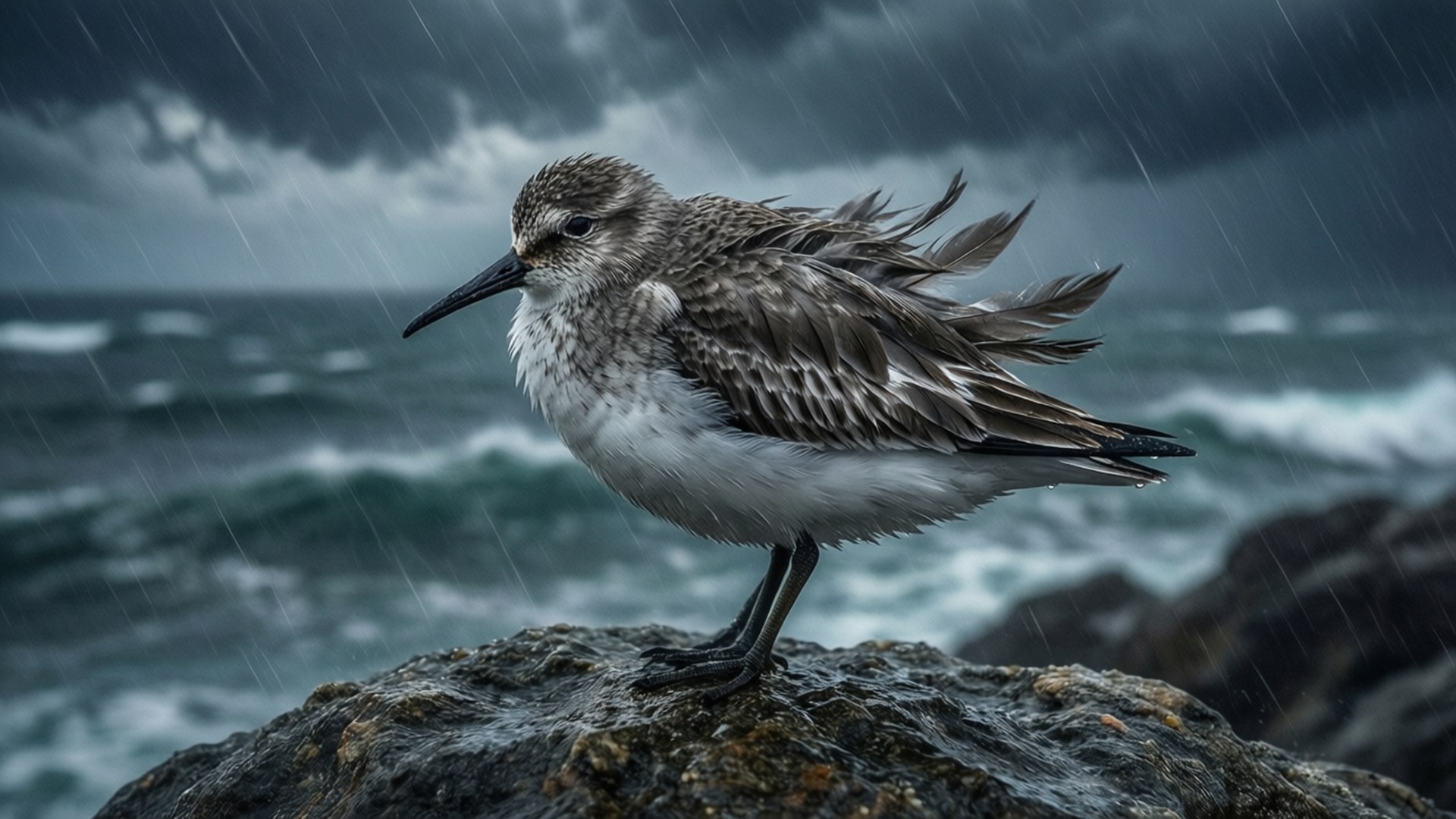 一隻小鳥在波濤洶湧的大海和雨中勇敢地棲息在濕岩石上。