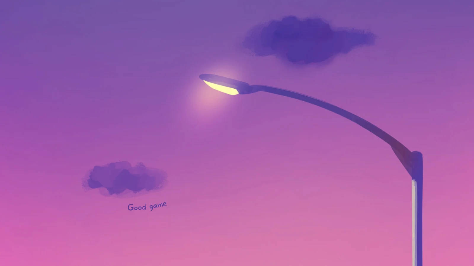 街燈在紫色暮色天空中發光，有雲朵和文字good game