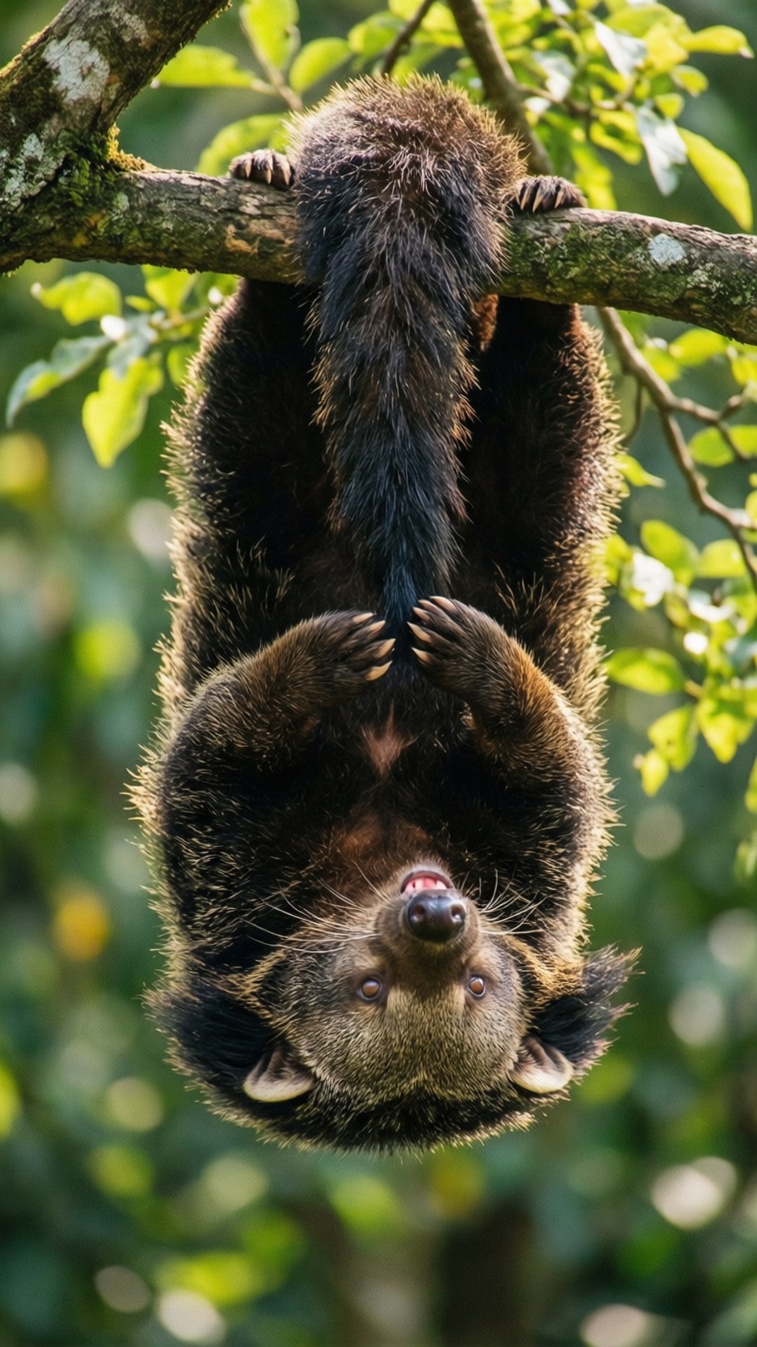 Binturong 桌布 壁紙 — 一隻長鼻浣熊倒掛在茂密綠色森林的樹枝上，其毛茸茸的身體和好奇的臉部被清晰捕捉。