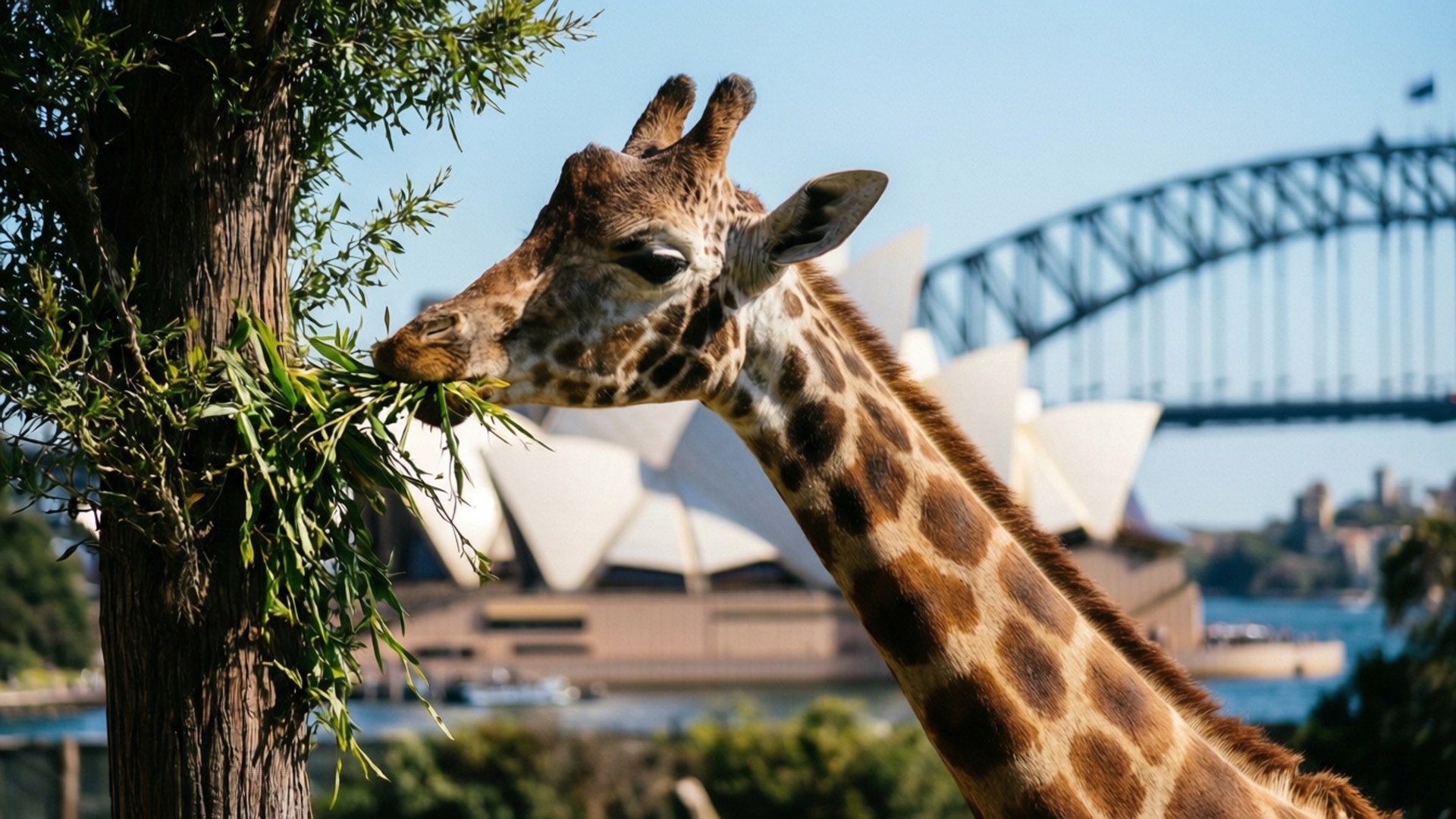 Giraffe with Sydney Backdrop 壁紙 — 一隻長頸鹿優雅地從樹上吃樹葉，背景可見悉尼歌劇院和港灣大橋。