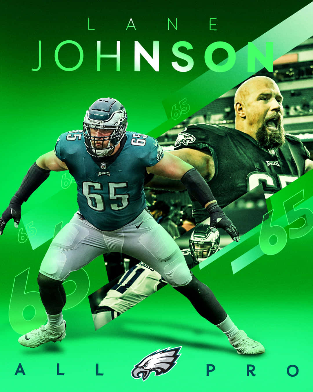  壁紙 — 一張動態運動壁紙，展示NFL球員Lane Johnson的動作姿勢，帶有綠色圖形疊加和球隊品牌。