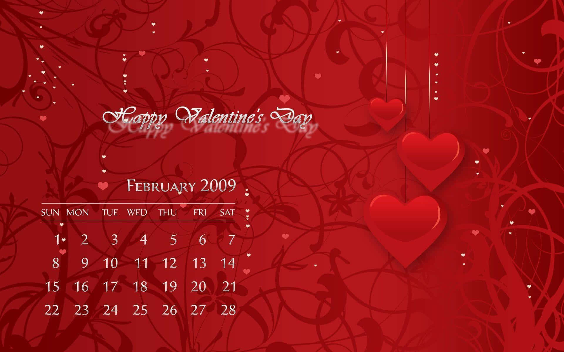 2009年2月情人節日曆，帶有紅色心形和花卉漩渦。