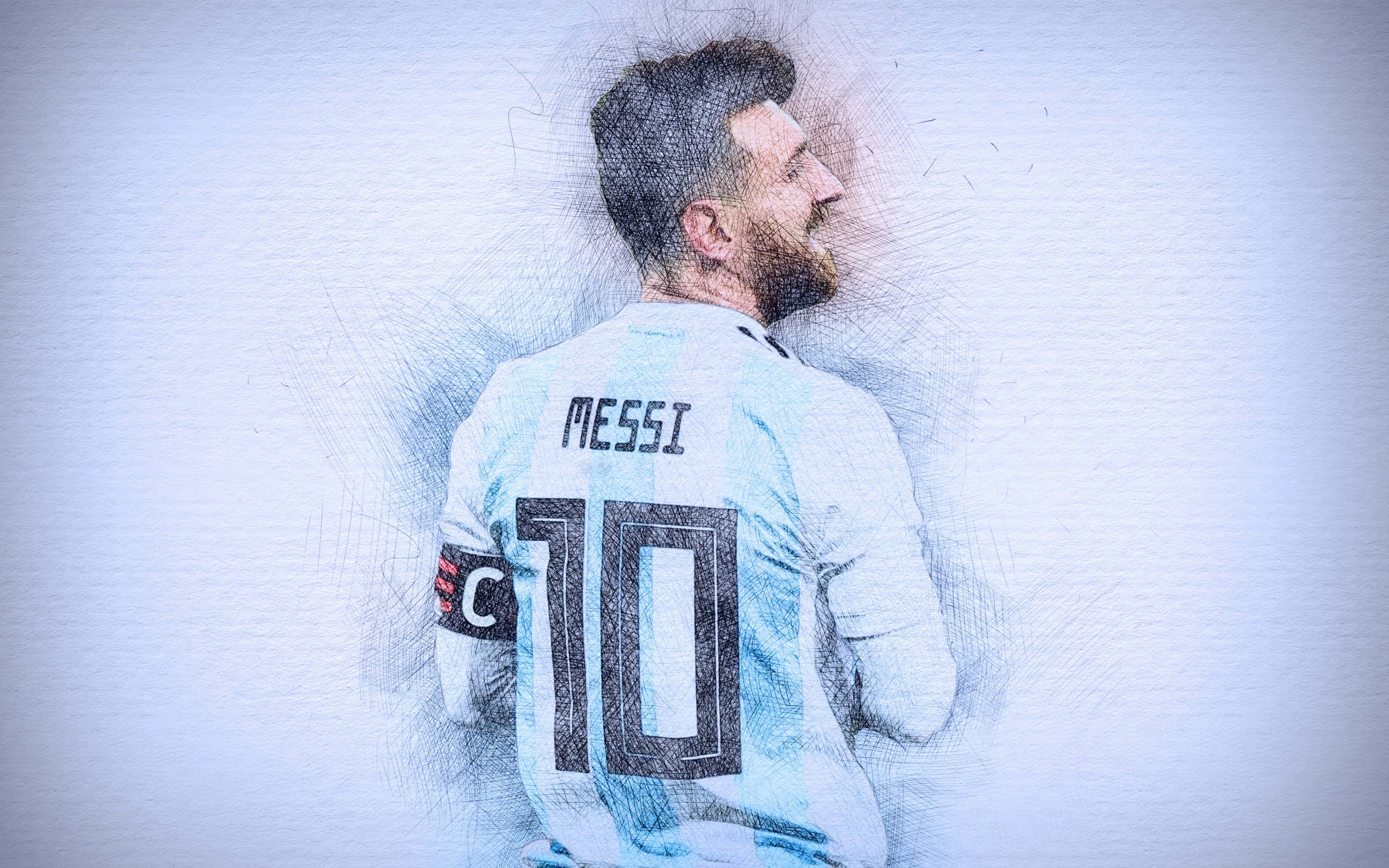 Messi 2022 桌布 壁紙 — 一張風格化的素描，描繪身穿阿根廷10號球衣的利昂內爾·美斯回頭觀望。