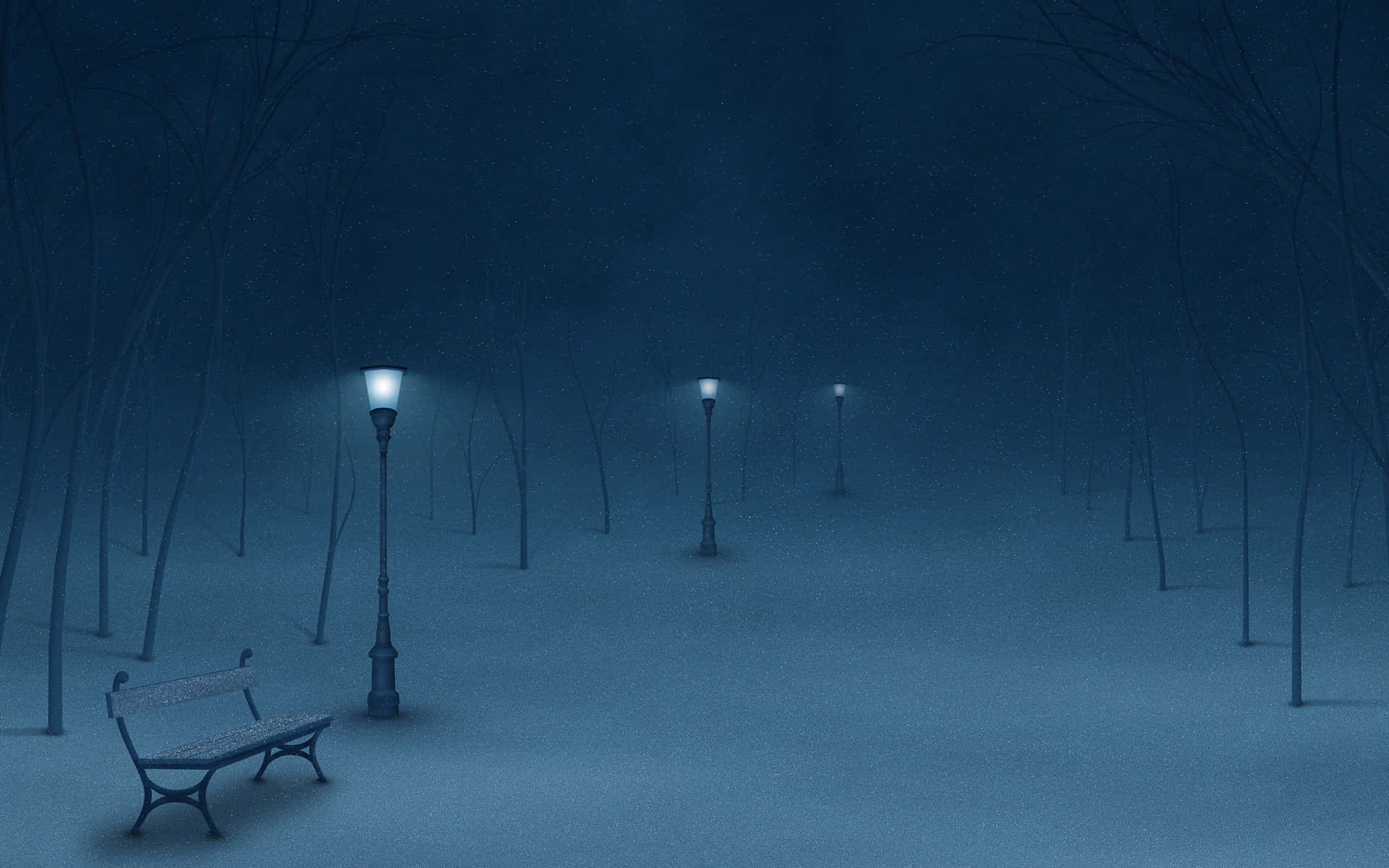  壁紙 — 一張孤獨的長椅在夜晚的雪地公園中，位於發光的街燈下，周圍是深藍色調的裸樹。