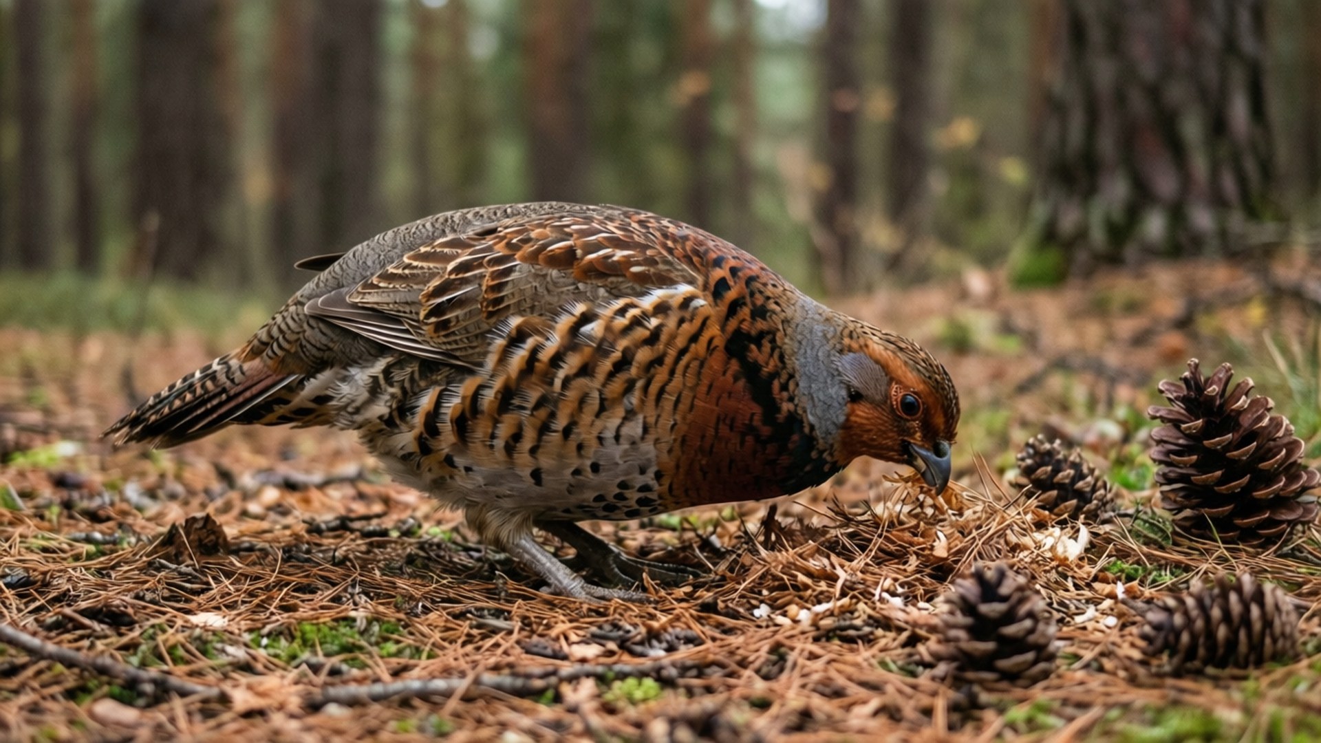 Grouse 桌布 壁紙 — 一張詳細的森林地面照片，顯示一隻雉雞在松果和乾燥的針葉間覓食，光線柔和自然。