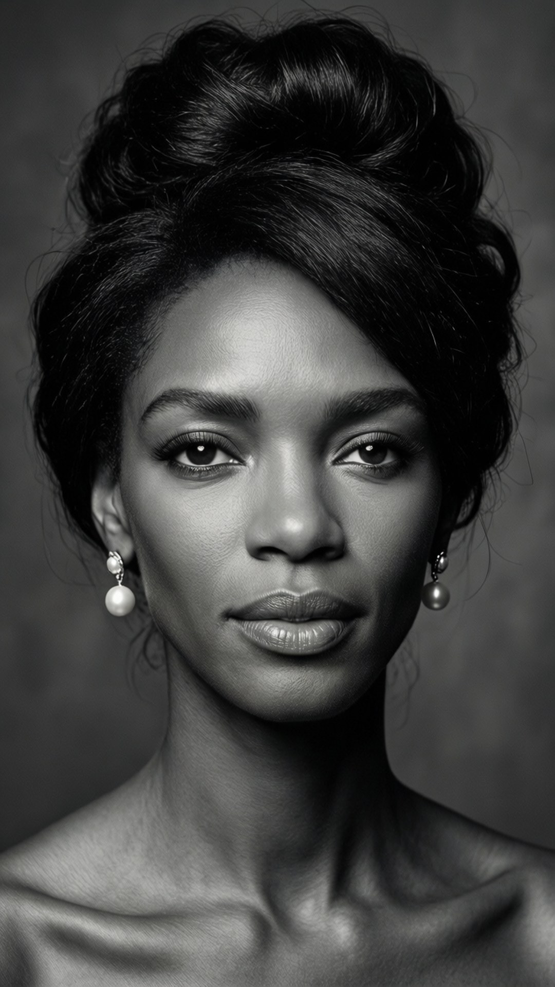 naomi campbell 桌布 壁紙 — 一張引人注目的黑白肖像照，一位女士梳著優雅的盤髮，戴著珍珠耳環，直視觀者。