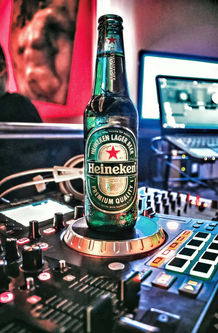 喜力啤酒瓶在夜間音樂錄音室的DJ控制器上