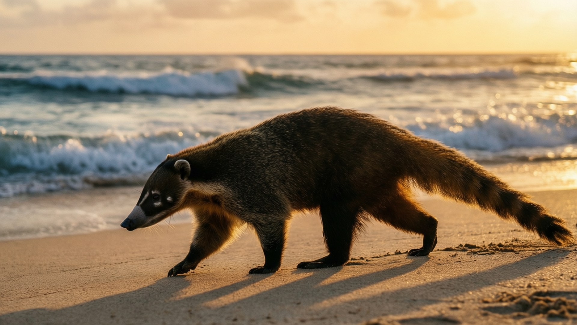 Coati 桌布 壁紙 — 一隻長鼻浣熊在陽光明媚的海灘上行走，背後是金色時刻的海浪拍打。